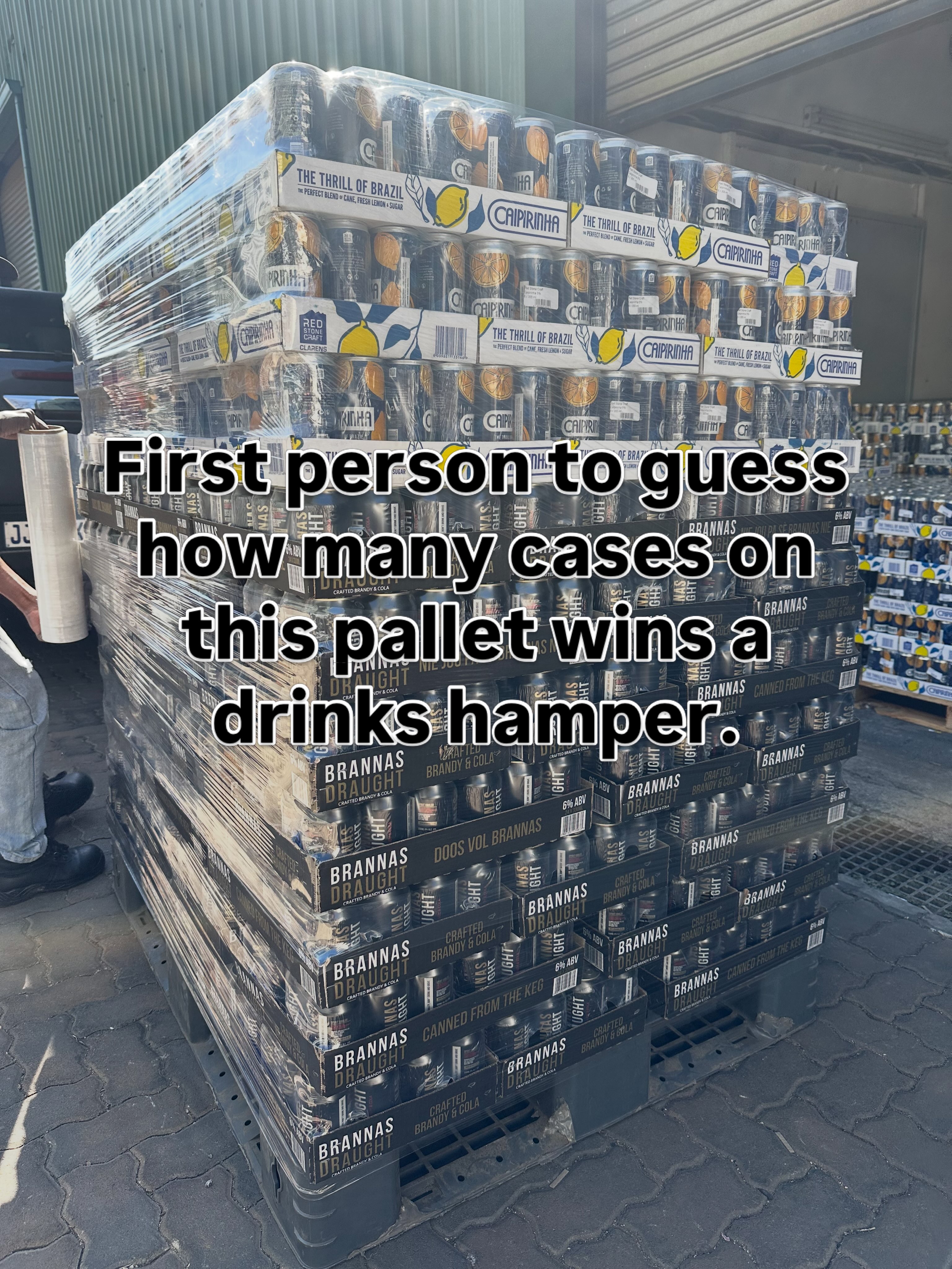 First person to guess how many cases on this pallet wins a drinks hamper. Available on Takealot for R399 a case #drinkbrannas
