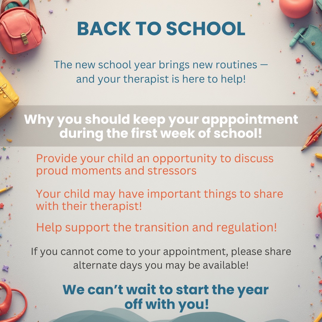 Who is ready for back to school??? We are!!
Remember to lean into your therapist for support in navigating the transitions, new routines, big feelings, and supporting regulation.
Your KTT therapist is here for YOU and your child!