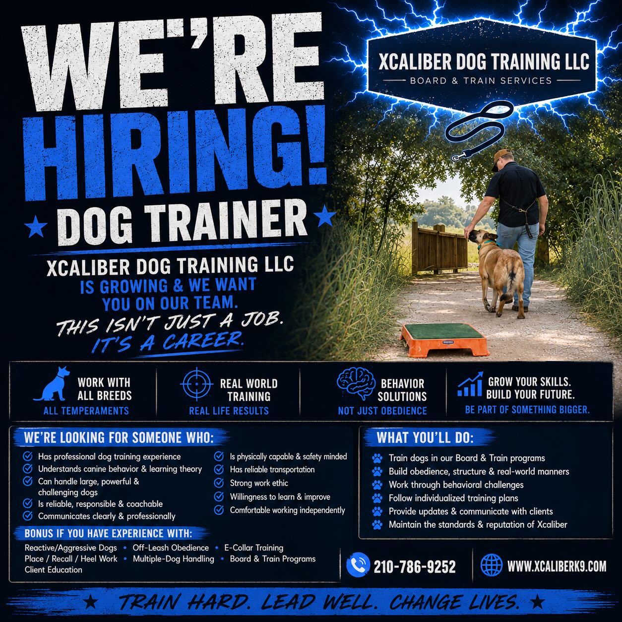 š„ WEāRE HIRING š„
Xcaliber Dog Training LLC is growing, and weāre looking for the right person to join the team.
š¾Weāre looking for a motivated, reliable, and skilled dog trainer who wants to work with a wide variety of dogs and continue developing their craft.
This isnāt a job for someone who simply loves dogs.
This is for someone who wants to learn how dogs think, understand behavior, build real-world obedience, and produce results.
Reach us through DM or send a message to (210)-786-9252 for questions or to apply.