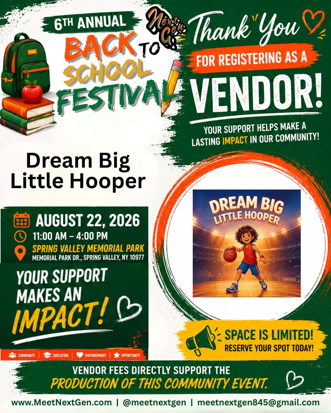 We're excited to welcome @dreambiglittlehooper to the 6th Annual Meet Next Gen Back to School Festival!
Be sure to stop by their booth on Saturday, August 22, to:
• Learn more about their book
• Meet their team
• Take advantage of special giveaways, promotions, or resources
• Support a local business that is investing in our community
Thank you for joining us and helping make this year's festival a success. We appreciate your commitment to serving the families of Rockland County.
Join us for a day of community, family fun, and back-to-school excitement!
6th Annual Meet Next Gen Back to School Festival
Saturday, August 22, 2026
11:00 AM – 4:00 PM
Spring Valley Memorial Park
Spring Valley, NY
Admission is FREE!
#VendorSpotlight #RocklandCounty #BackToSchoolFestival #ShopLocal #BackToSchool2026