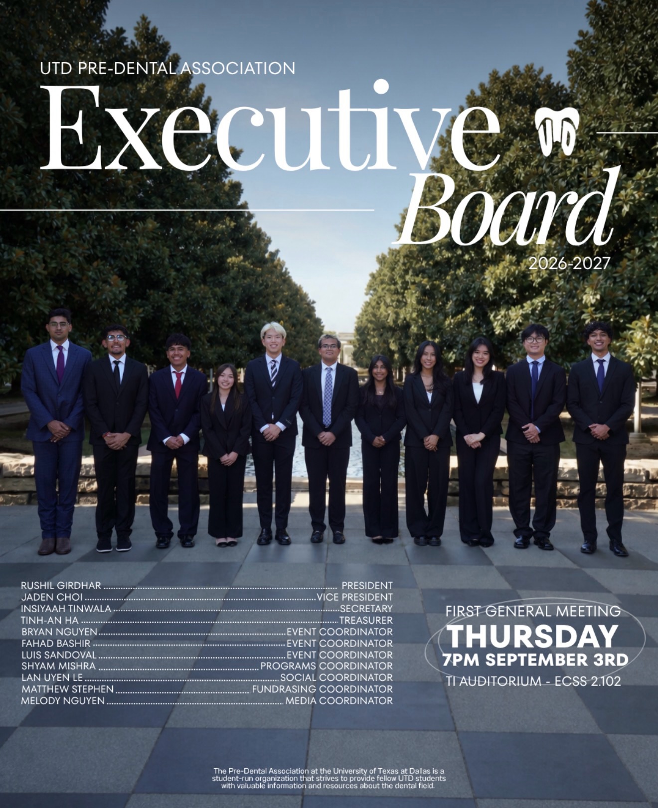 Introducing the 2026–2027 UTD Pre-Dental Association Executive Board! 🦷
Meet the officers who will be leading the organization this year and helping create opportunities for our members to learn, connect, and grow.
Get to know each officer and their role as we introduce the executive board!
#universityoftexasatdallas #predentalassociation #predental #meettheofficers