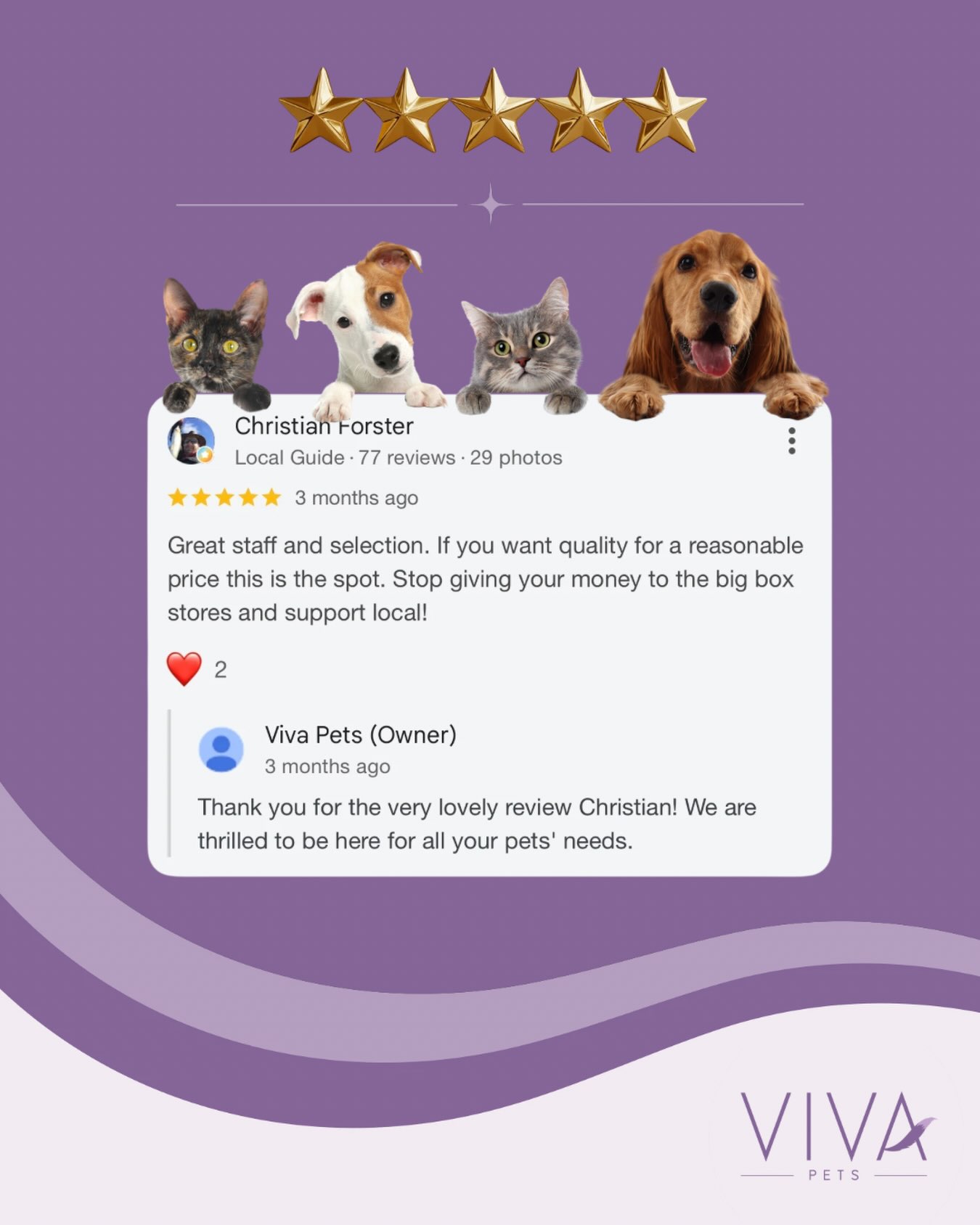 Your 5‑star reviews remind us why we do what we do 🐾
Custom orders, fair pricing, and genuine care—we’re here to make pet parenting easier.
Thank you for trusting Viva Pets!
#yeg #yegbusiness #yegpets #vivapetsyeg #yeglocal