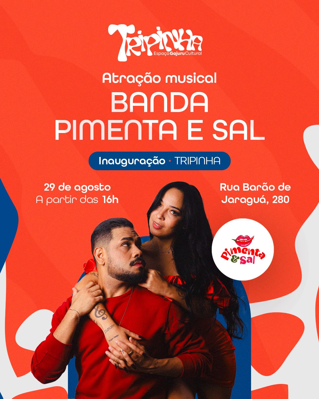 Japa e Ermerson Juan soltam a voz na inauguração da TRIPINHA e, com muita emoção e felicidade, fazem o show de estreia da Banda Pimenta & Sal. Uma verdadeira celebração à diversidade da música brasileira com brega, forró, MPB, frevo, piseiro, axé e muito mais.
É dia 29 de agosto, na Rua Barão de Jaraguá, 280.
@bandapimentaesal
#TRIPINHA #BandaPimentaESal #Brasilidades #Jaraguá #Gajuru31Anos