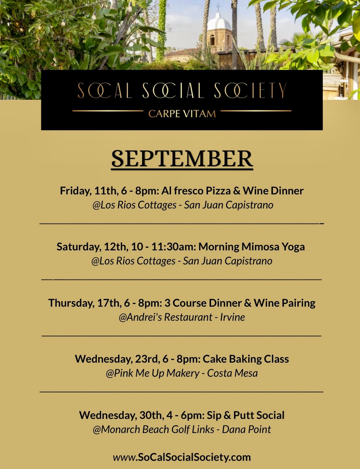 SEPTEMBER: One of our favorite months of the year and lots of cool experiences coming your way!
Dinner under the stars ✔️
Yoga and mimosas ✔️
Private chefs dinner experience ✔️
Baking Class ✔️
Golf clinic ✔️
There’s something for everyone and we’re excited to host you! ✨