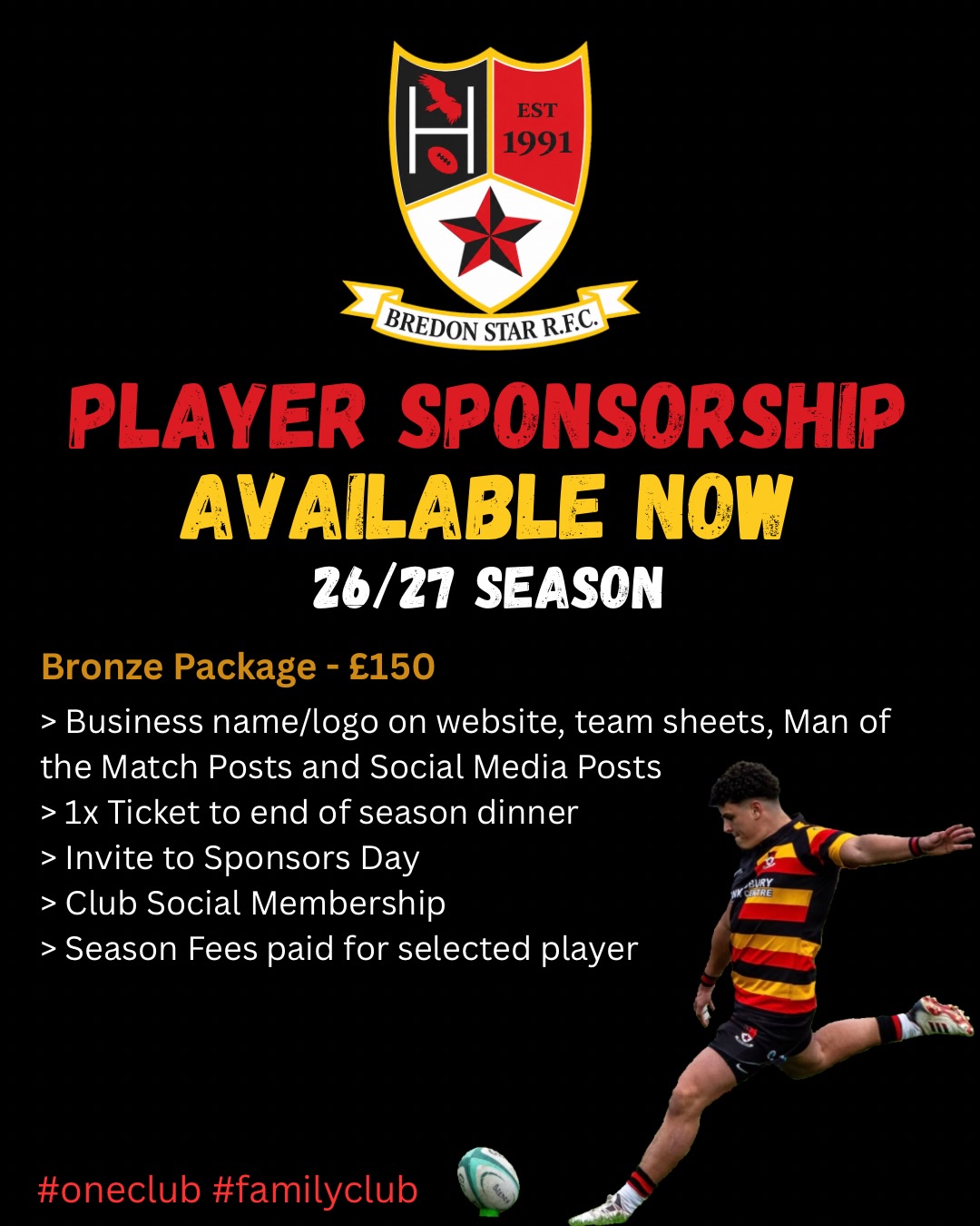 It’s that time of year again where local businesses have the chance to support grass roots sport and get their name and logo out in the community.
Sponsoring a player means more than just covering their playing fees. It supports the entire club, helps grow local sport and means so much to the player. The encouragement it gives them that a local business has chosen them for this season is a huge boost.
If you’d like to sponsor a player this season then send a DM today!