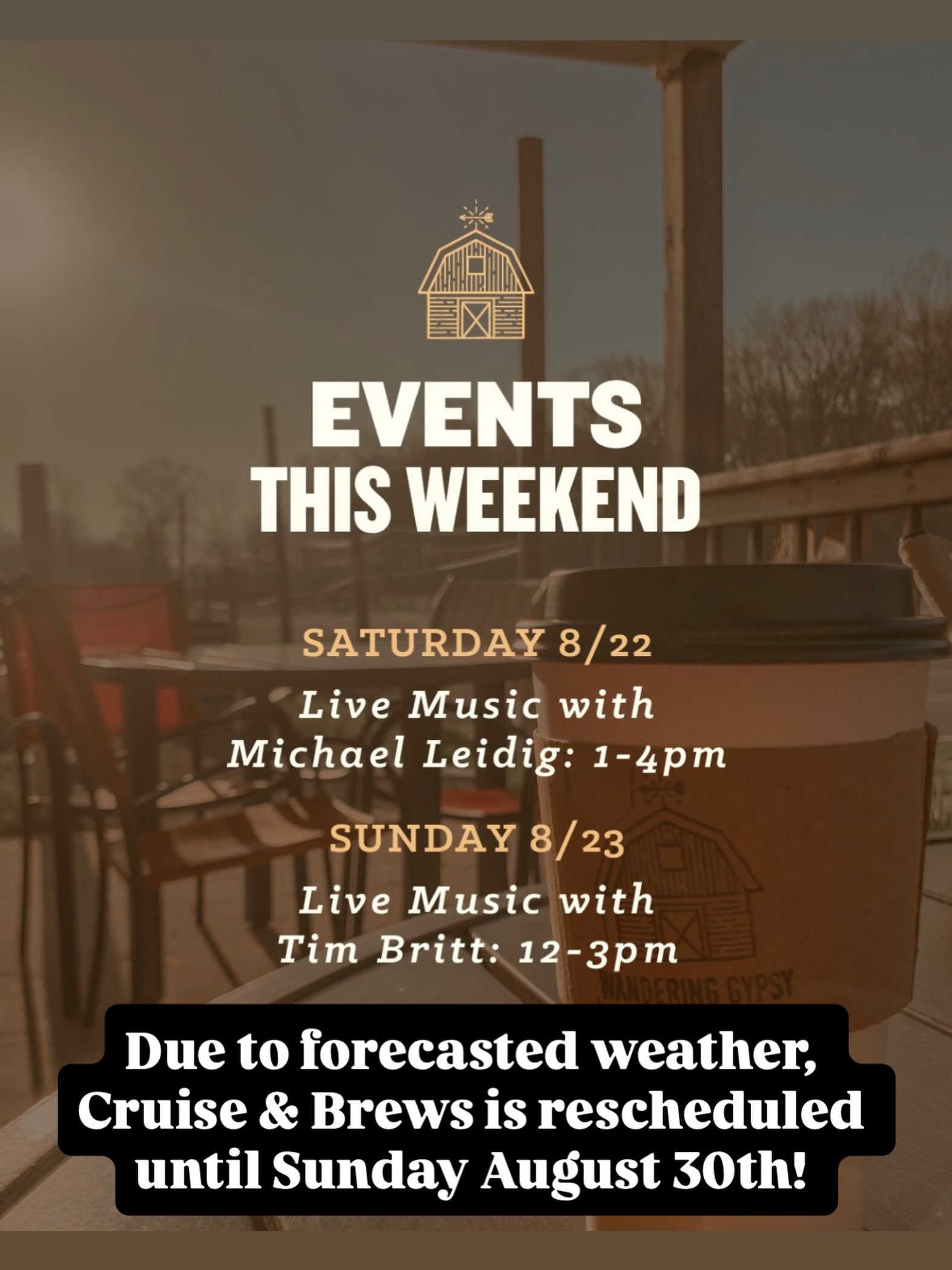 Join us for live music this weekend!
Due to forecasted weather, we are postponing Cruise & Brews to next Sunday! Thank you for understanding!