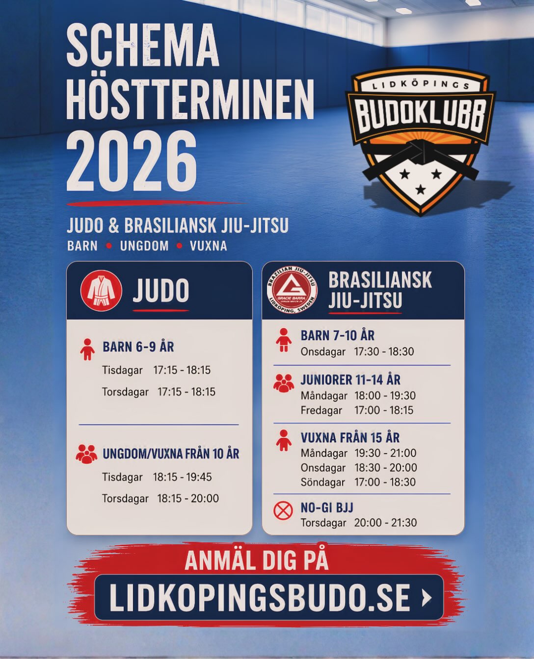 Schema HT 2026 — Imorgon 24 augusti startar vi höstterminen. Vi hoppas att få se många nya och gamla medlemmar! 🤩
Tänk på att vissa grupper kräver föranmälan. Läs mer på vår hemsida! 👍