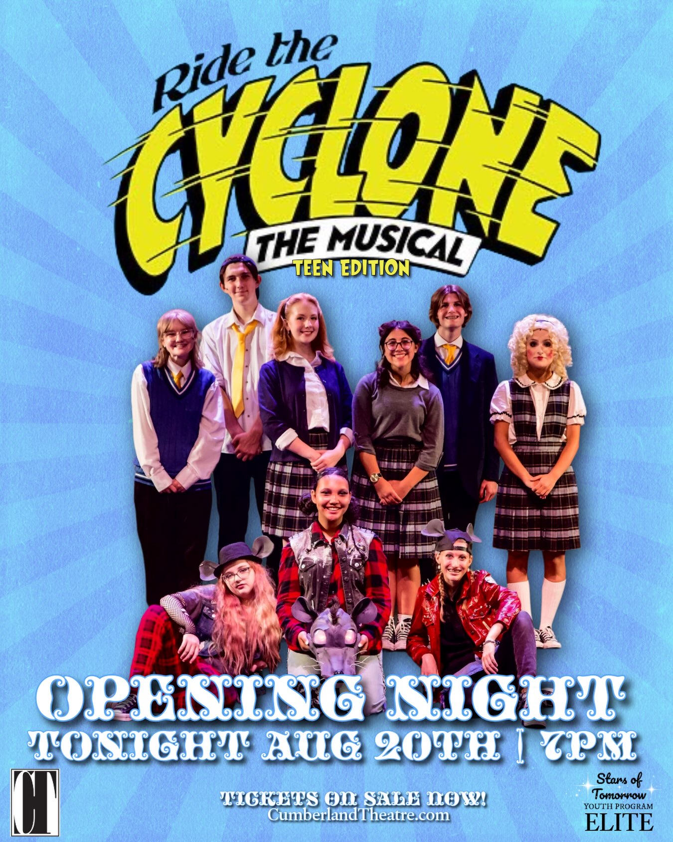 OPENING NIGHT IS HERE!
Congratulations to the incredible Stars of Tomorrow Elite cast and creative team on opening night of Ride The Cyclone!
Tonight, six unforgettable teenagers find themselves caught between life, death, and the chance to tell the story that might change everything. What follows is a wildly imaginative, hilarious, heartfelt, music-filled journey packed with larger-than-life characters, unexpected twists, and plenty of theatrical surprises. You’ll laugh, you’ll cheer, and you may even leave asking yourself what makes a life truly worth living.
Ride The Cyclone is a thrilling theatrical experience with something for the whole crew to enjoy — so bring the family, bring your friends, and get ready for one unforgettable ride.
Ride The Cyclone runs TONIGHT, August 20, through Sunday, August 23, with evening and matinee performances available. Tickets are on sale now at CumberlandTheatre.com. Doors at 6:30pm with show beginning at 7pm!
The seats are waiting. The ride is about to begin.
Come see what happens when the curtain goes up.
After All… It’s Just A Ride.
#CumberlandMD #WesternMaryland #MarylandTheatre #RideTheCyclone #LiveTheatre