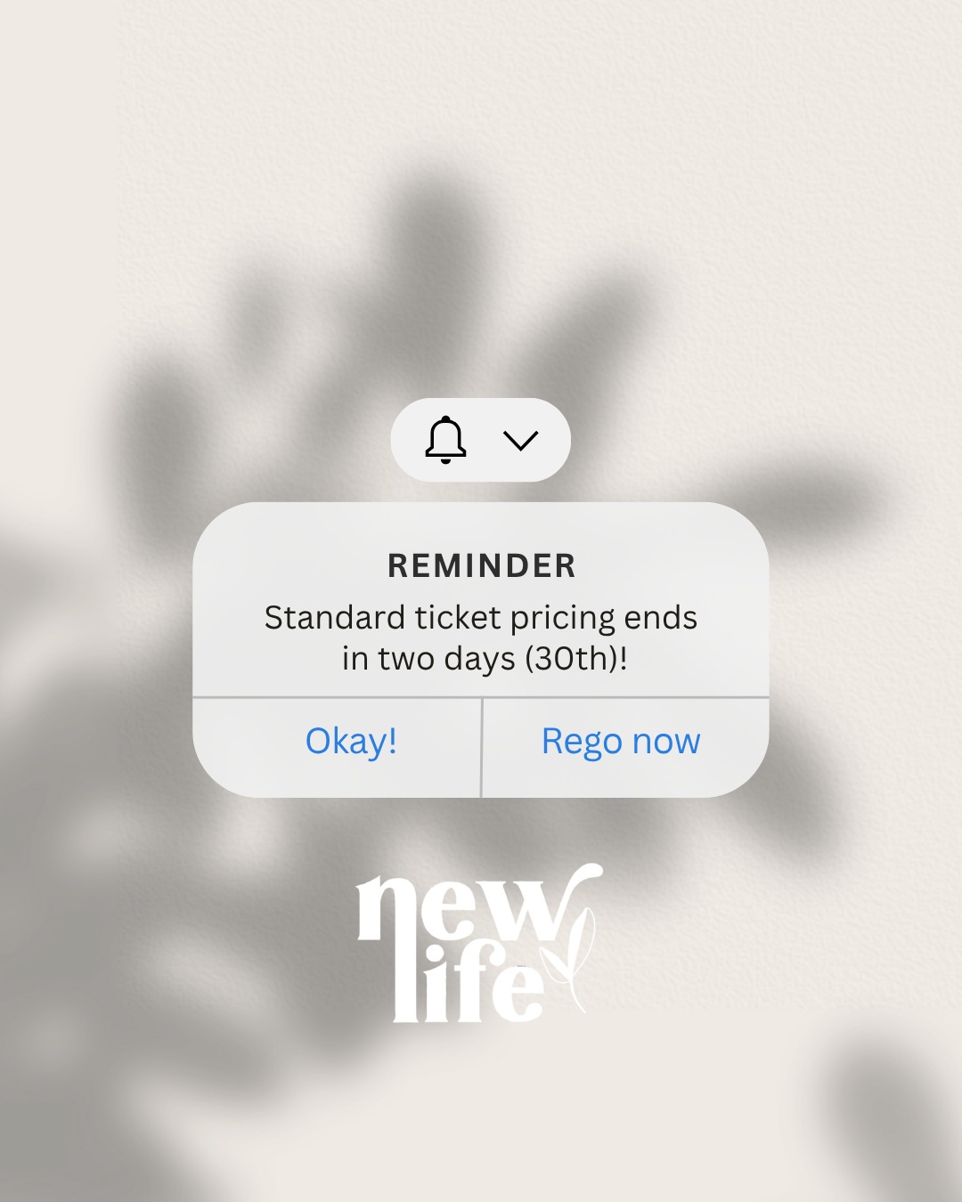 Standard ticket pricing for the New Life Women's Conference finishes up in 2 days (September 30th)!
If you’ve been thinking about joining us for a wonderful time of connection and encouragement, now is the perfect moment to grab your spot before prices increase.
We would love to see you there!
Grab your ticket here: https://www.tickettailor.com/.../newlifewomenscon.../2266673
Please note: Last-minute tickets cannot accommodate special dietary requirements.