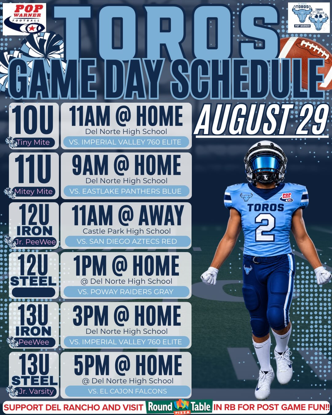 🏈📣 TOROS SATURDAY GAME DAY LINEUP! 🩵💙
📸 League Pictures + 🏈 GAME DAY = a full Saturday of TOROS!
Check your team’s scheduled times, come ready, and don’t forget to smile! 📸😁
See everyone this weekend!
LET’S GO TOROS! 🔥