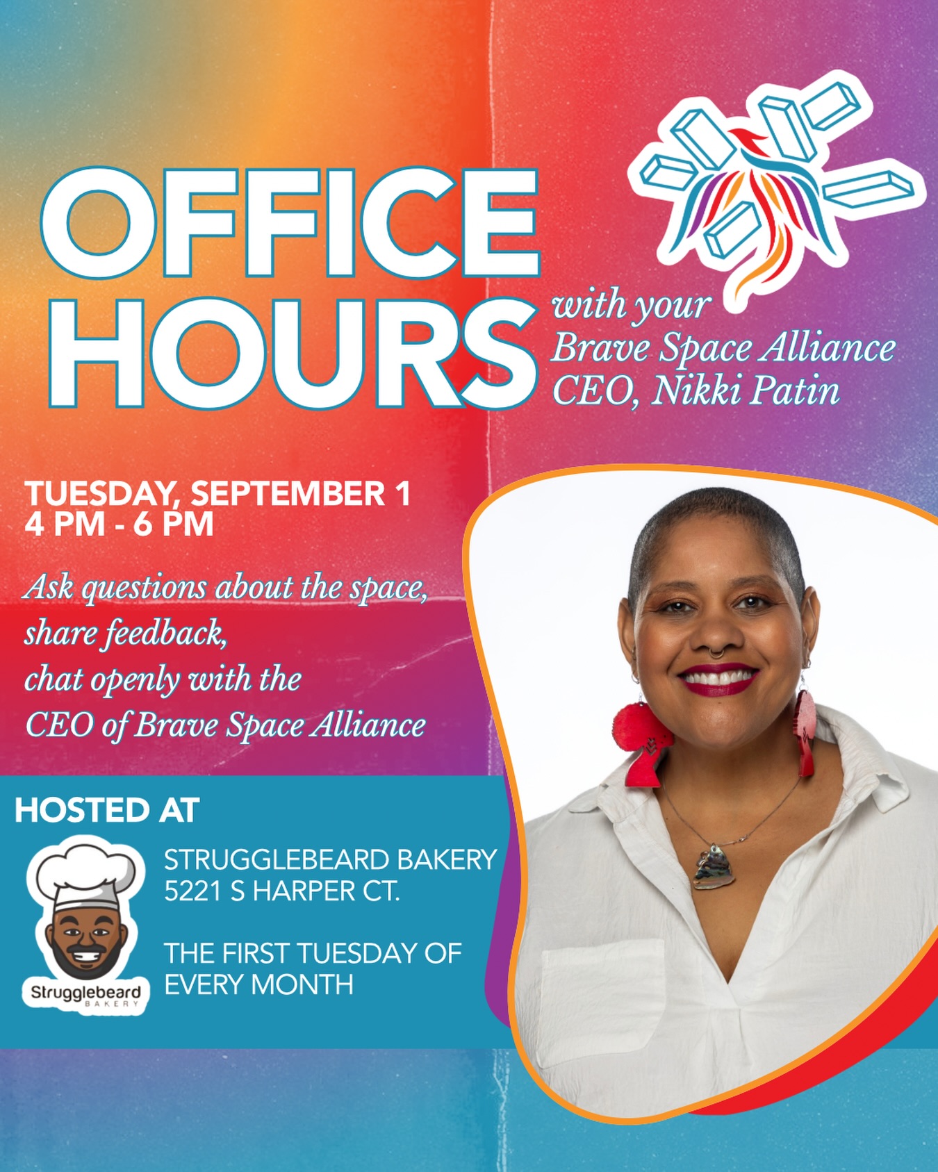 NEXT WEEK 🗣️ Stop by and chat with BSA CEO Nikki Patin! ☕️💬
Join Brave Space CEO Nikki Patin for Office Hours next Tuesday, September 1 from 4 pm - 6 pm at Strugglebeard Bakery!
These office hours are for BSA community members to chat with our CEO, openly to ask questions, share feedback, and discuss current and future organizational planning here at Brave Space Alliance 🧡
No RSVP or registration needed - simply show up and get to know Nikki over coffee and a sweet treat at one of Hyde Park’s staple local Black-owned businesses! 🍪
📅 Every first Tuesday of every month, 4 pm - 6 pm
📍Strugglebeard Bakery, 5221 S Harper Ct.
#transchicago #lgbtq #lgbtchicago #hydepark