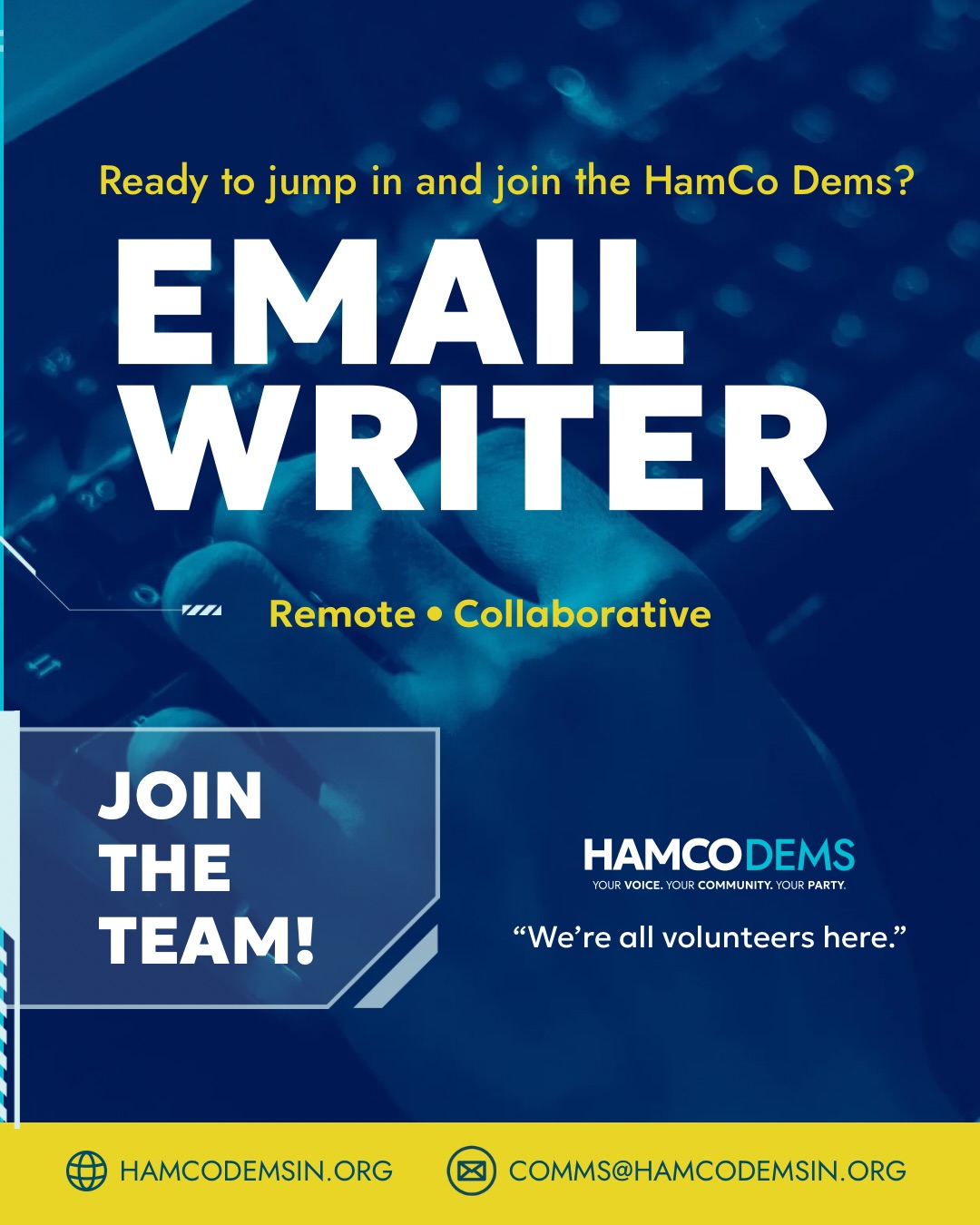 Have you been looking for a chance to volunteer? Do you prefer to work from home with flexible hours? Do you have an hour and a half per week to invest in building and connecting our HamCo Dems community? This is the opportunity for you! Email us today for more details!