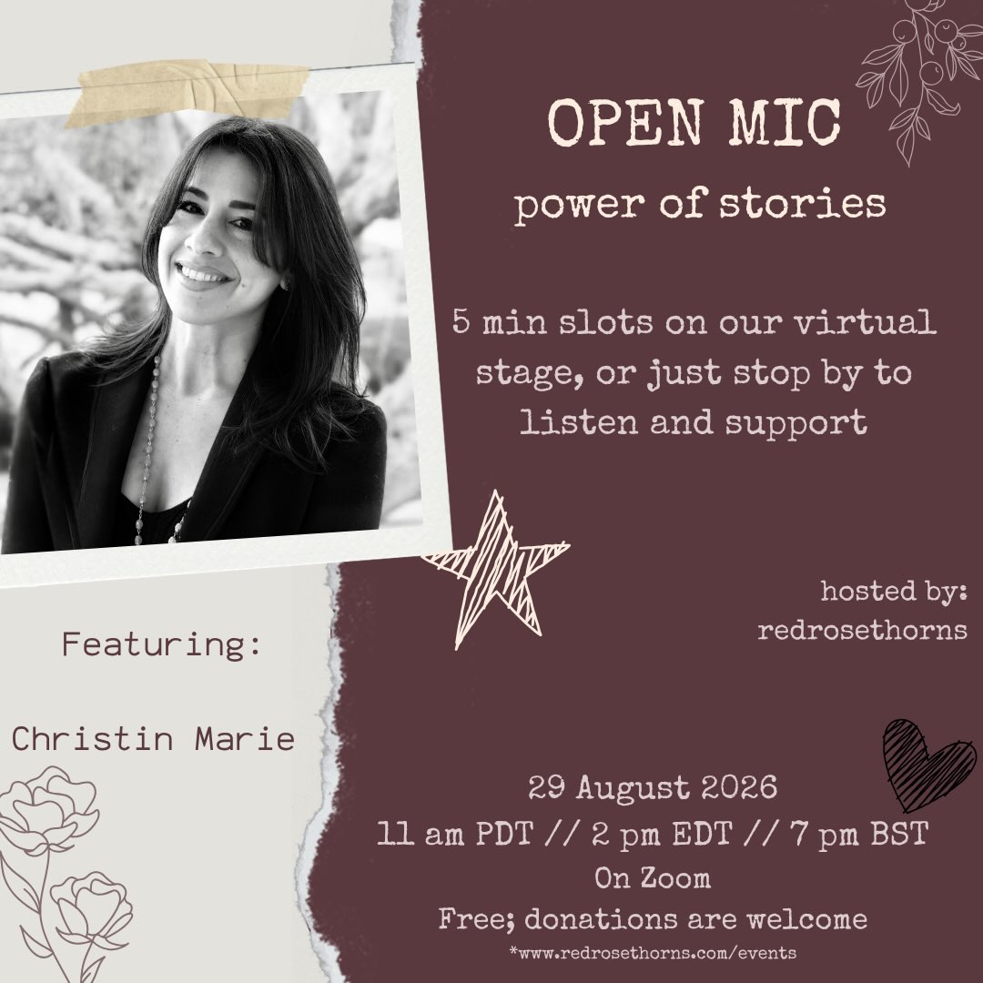 🎤 Join us for our Virtual Open Mic this month, where we will be headlined by one of our wonderful redrosethorns contributors: Christin Marie!
✨ About Christin (@christin.marie.writer):
“Christin Marie is a Florida native and London-based novelist, poet, and blogger whose work weaves mysticism, ancient Greek historical myth, and the inner landscapes of the heart into sensory-driven prose. Her poetry is a textured, lyrical exploration of love, longing, spirituality, and transformation. She’s the creator of the e-course Radiant Quill: Living and Writing in Your Essence, which helps writers and creatives cultivate a sustainable, soul-led creative flow. The Rose Temple is her debut romantasy novelette, inviting readers into a richly imagined world where devotion, desire, and destiny converge.”
We’re thrilled to have her open our stage.
After our headliners perform, everyone who registers gets a 5-minute slot to share their work—poetry, prose, or whatever moves you. This is your space to be heard.
Event Details:
🗓️ Date: 29 Ausgust 2026
⏰ Time: 11 am PDT | 2 pm EDT | 7 pm BST
📍 Location: Online via Zoom
👉 Link in bio to sign up. We can’t wait to hear your words.