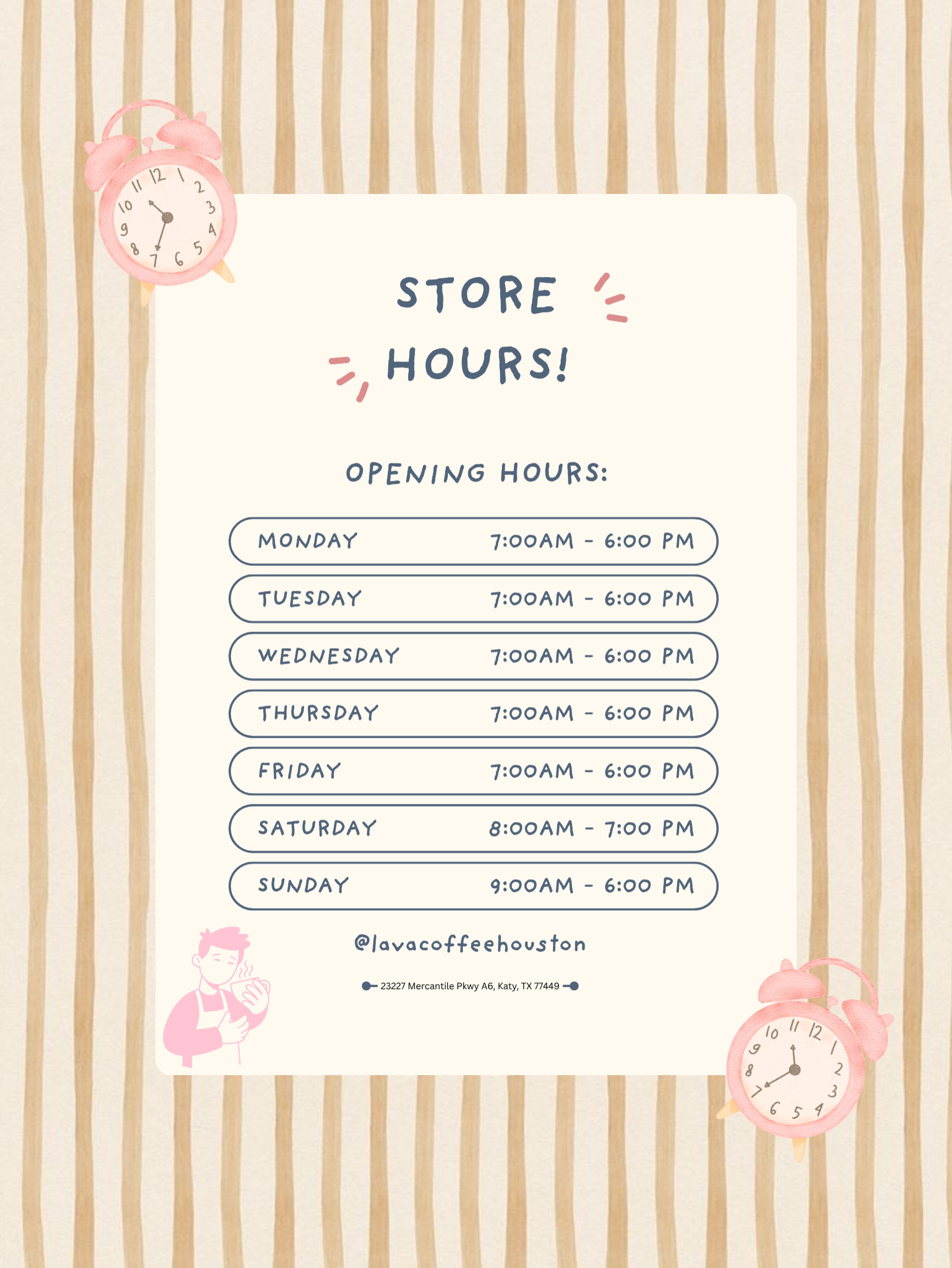 Good news! We extended our hours so that you can enjoy your coffee sooner 🤍 These updated hours start August 24th, hope to see you then!