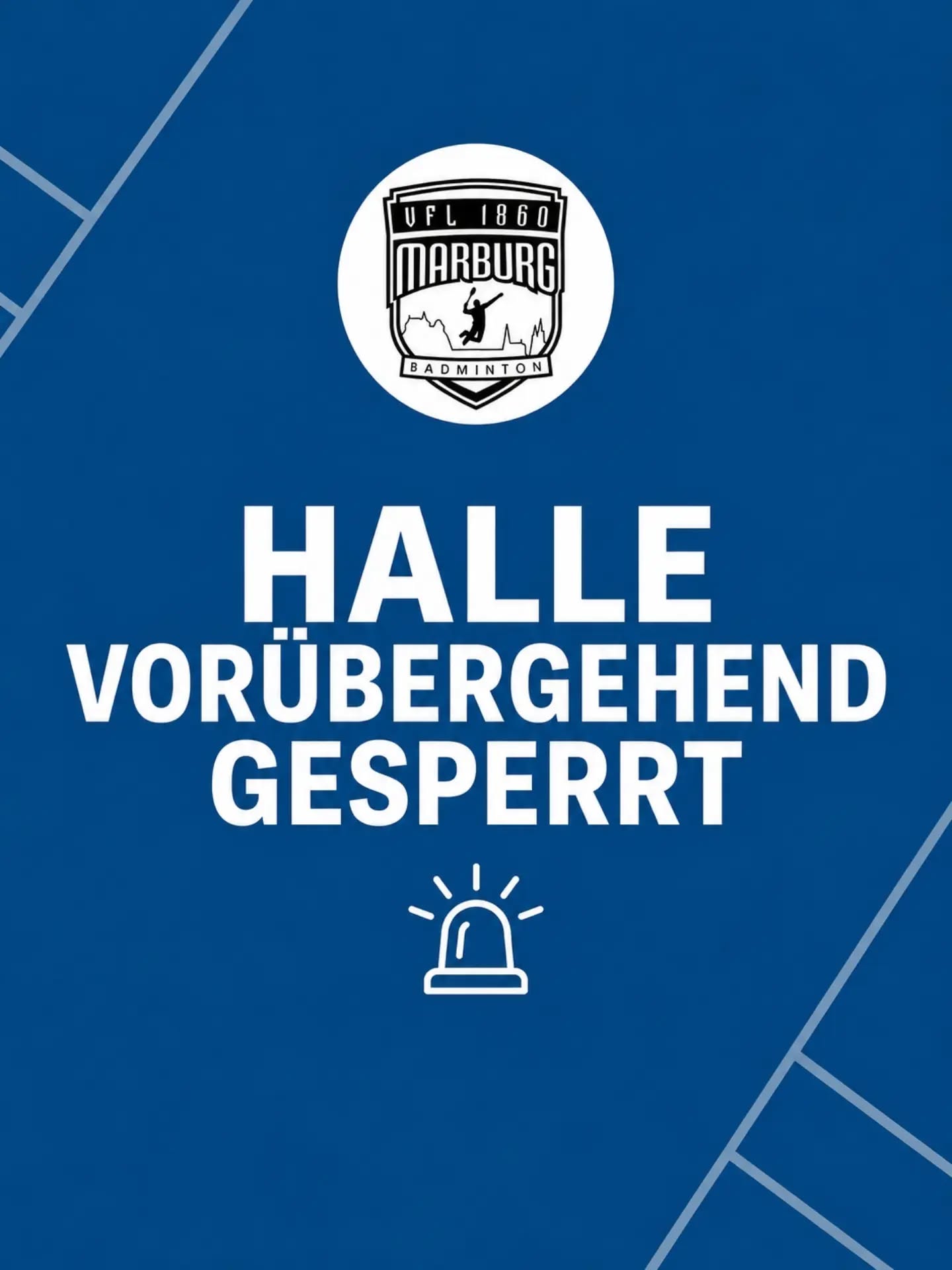 ⚠️ Wichtige Information zum Trainingsbetrieb
Leider wurde uns kurzfristig mitgeteilt, dass die Halle aufgrund eines Ausfalls der Sicherheitsbeleuchtung bis auf Weiteres gesperrt bleibt. Wie lange die Sperrung dauern wird, ist derzeit noch nicht bekannt.
Wir prüfen aktuell, ob wir vorübergehend andere Hallen nutzen können. Sobald es Neuigkeiten zum Trainingsbetrieb oder zu möglichen Ersatzhallen gibt, informieren wir euch umgehend.
Vielen Dank für euer Verständnis! 🏸
-----
⚠️ Important training update
Unfortunately, we have been informed at short notice that the sports hall will remain closed until further notice due to a failure of the emergency lighting system. At present, it is not yet clear how long the closure will last.
We are currently looking into the possibility of using alternative sports halls. We will let you know as soon as we have further information regarding training or a possible replacement venue.
Thank you for your understanding! 🏸