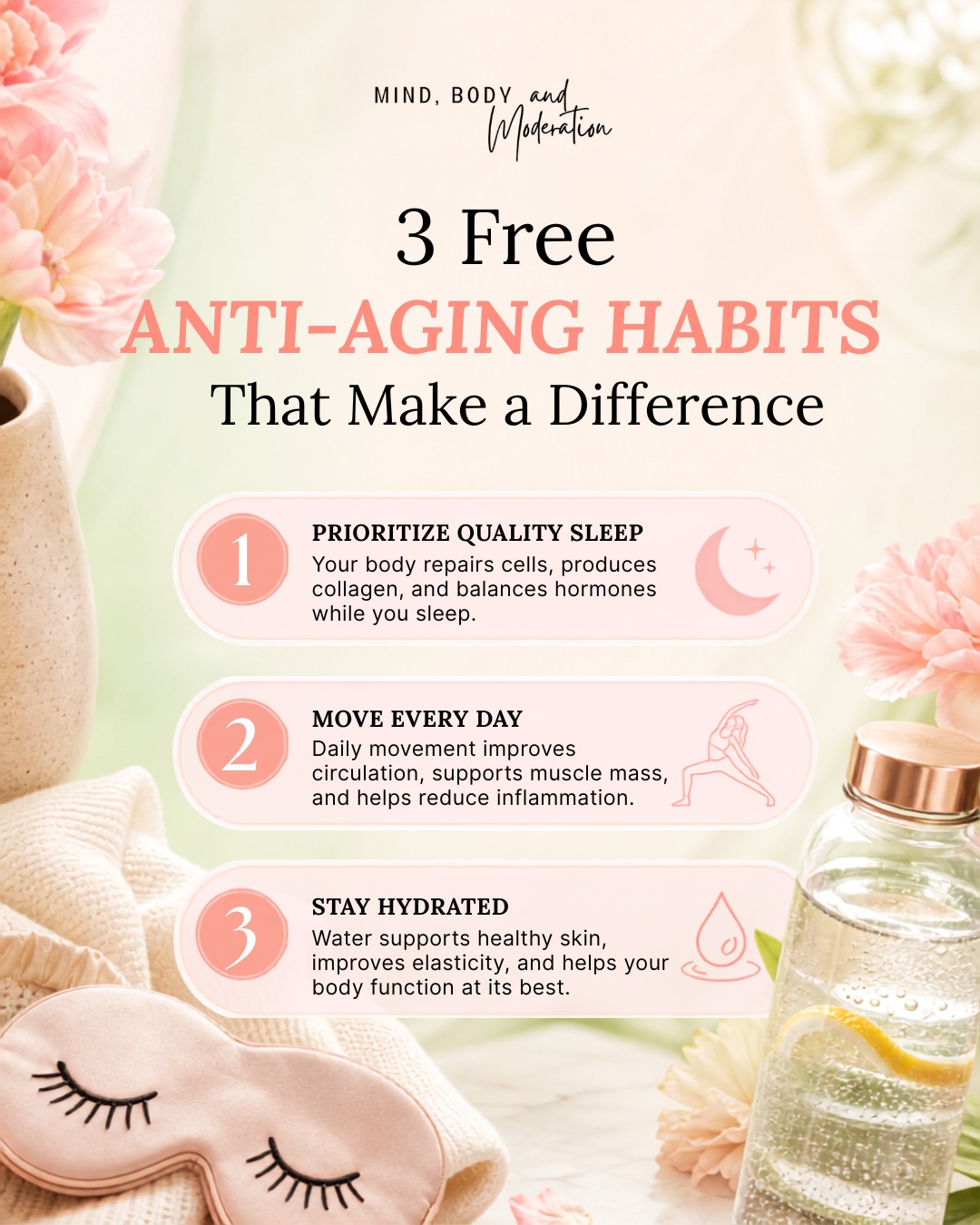 When people think about anti-aging, they often think about expensive creams or treatments. The truth is that some of the most effective ways to support healthy aging are completely free.
Sleep is one of the most powerful tools your body has for repair and recovery. During the night, your body restores damaged cells, regulates hormones, and produces collagen that helps keep skin healthy. Daily movement is just as important because it supports muscle mass, circulation, bone health, and metabolic function while helping to reduce chronic inflammation. Staying hydrated is another simple habit that benefits nearly every system in your body, from maintaining healthy skin to supporting digestion, circulation, and energy levels.
These habits may seem simple, but consistency is what makes them effective. You don't have to change everything overnight. Start with one habit, build it into your routine, and let those small choices add up over time.
Which healthy habit has had the biggest impact on how you feel? Tell us in the comments.
#HealthyAging #WomenOver40 #Longevity