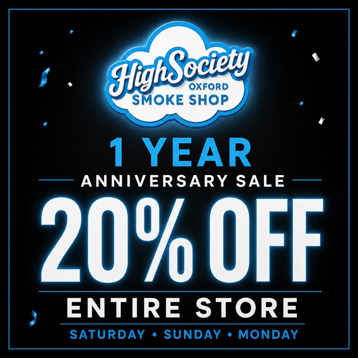 High Society turns ONE! 🎉
We’re incredibly grateful for every person who has supported us throughout our first year. To celebrate, the entire store will be 20% OFF this Saturday, Sunday, and Monday.
Come celebrate with us - and thank you for helping make our first year unforgettable! 💙
🔥
#oxfordms #olemiss #highsociety #glassart #heady