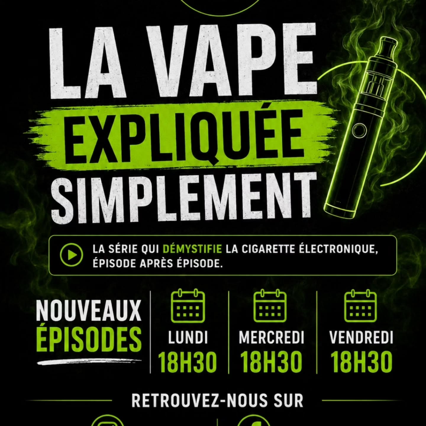 🎬 LA VAPE EXPLIQUÉE SIMPLEMENT
Vous vous posez des questions sur le fonctionnement d’une cigarette électronique, les résistances, les e-liquides, la nicotine ou encore les différents réglages ?
Nous avons créé une série de courtes vidéos pédagogiques pour vous aider à mieux comprendre, simplement et sans jargon inutile.
📅 Retrouvez un nouvel épisode chaque :
➜ Lundi à 18h30
➜ Mercredi à 18h30
➜ Vendredi à 18h30
📲 Suivez My E-Cig Gardanne sur Instagram et Facebook pour ne manquer aucun épisode.
💬 Une question ou un sujet que vous aimeriez voir expliqué dans un prochain épisode ? Dites-le-nous en commentaire.
🔞 Contenu informatif destiné aux adultes. Vente interdite aux mineurs.
⚠️ La nicotine crée une forte dépendance. Son utilisation par les non-fumeurs n’est pas recommandée.
#LaVapeExpliqueeSimplement #MyECigGardanne #Gardanne #CigaretteElectronique #Vapotage #Vape #AixEnProvence