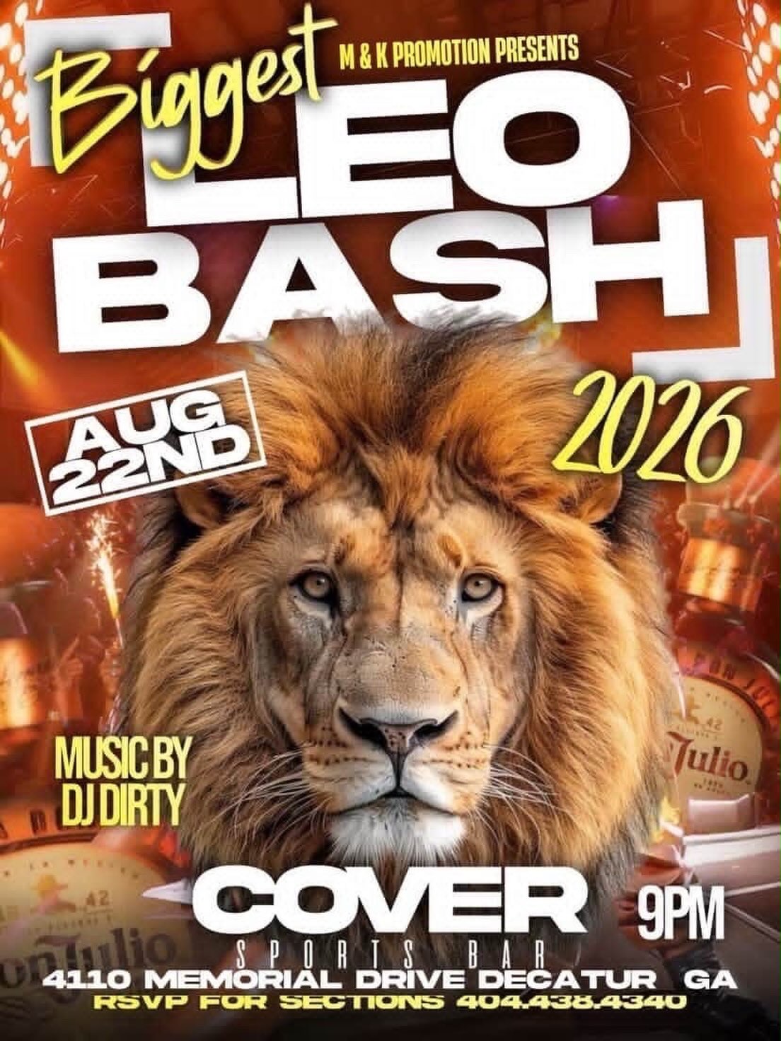 If youโre a Leo or love Leos,ย come see us this tonight for the biggest Leo Bash in Deactur @cover.atl โ๏ธ ๐
Pull up for a great time, you donโt want to miss it!
Brought to you by M&K Promotions
Time: 9PM
โฐ Open daily from 5PM
๐ 4110 Memorial Drive, Decatur, GA
Hours:
Mon-Thur: 5PMโ12AM
Fri & Sat: 5PMโ2AM
Sun: 5PMโ11PM
#LuxurySportsLounge #DecaturEats #AtlantaSports #ATLEats #ThingsToDoInAtlanta