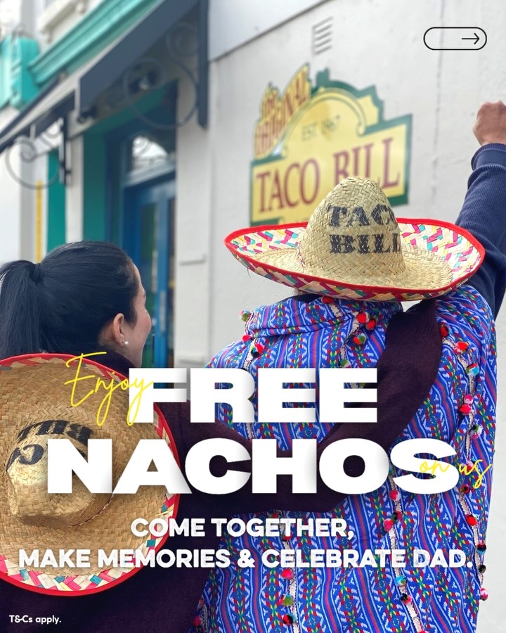 For the SUPREME Dadโฆ only Nachos Supremos will do. ๐๐ฎ
This Fatherโs Day, Dad gets FREE Nachos Supremos to kick off the family fiesta! ๐
Share it with the fam, dig in together and get the Mexican feast started the right way. Because Dad deserves a little something SUPREME. โค๏ธ
Book your Fatherโs Day fiesta at Taco Bill! ๐ฎ
T&Cs apply. ๐ Participating VIC locations only.
#TacoBill #FathersDay #FathersDayMelbourne #MelbourneEats #MexicanFood
To all the dads whoโve brought the family together around a Taco Bill table over the yearsโฆ this oneโs for you. โค๏ธ๐ฎ
This Fatherโs Day, weโre saying gracias with FREE Nachos Supremos for Dad! ๐
Bring the family, share some nachos and make a few more Taco Bill memories together. ๐
T&Cs apply. ๐ Participating VIC locations only.
#FathersDay #ThanksDad #FamilyTime #MelbourneEats #MexicanFood
FREE Nachos Supremos for Dad? You heard that right. ๐๐ฎ
Celebrate Fatherโs Day with us at participating Taco Bill locations across Victoria! ๐
Find your nearest participating restaurant, round up the fam and book your table for a SUPREME Fatherโs Day fiesta. โค๏ธ
๐ Participating locations listed above.
T&Cs apply. Participating VIC locations only.
#TacoBill #FathersDay #FathersDayMelbourne #MelbourneRestaurants #foodie