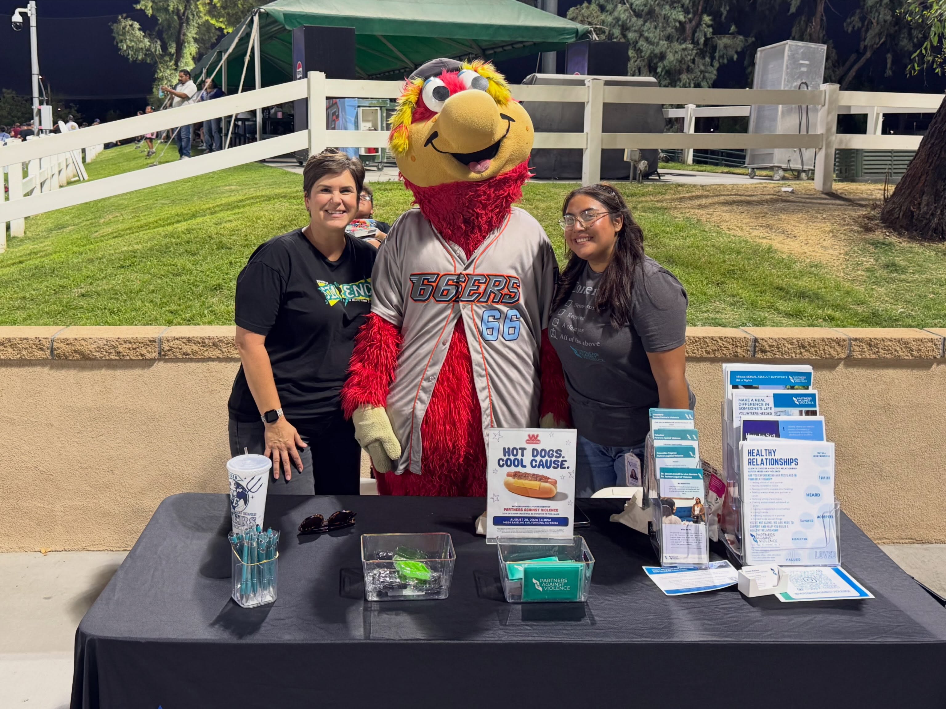 Thank you to the Inland Empire 66ers for having us out to their nonprofit night. We have a great time, made some new community connections, and shared about our services to our community. And who can pass up a pic with Bernie?!. @66ersbaseball #communitypartners #supportsurvivors #66ersbaseball #batterup