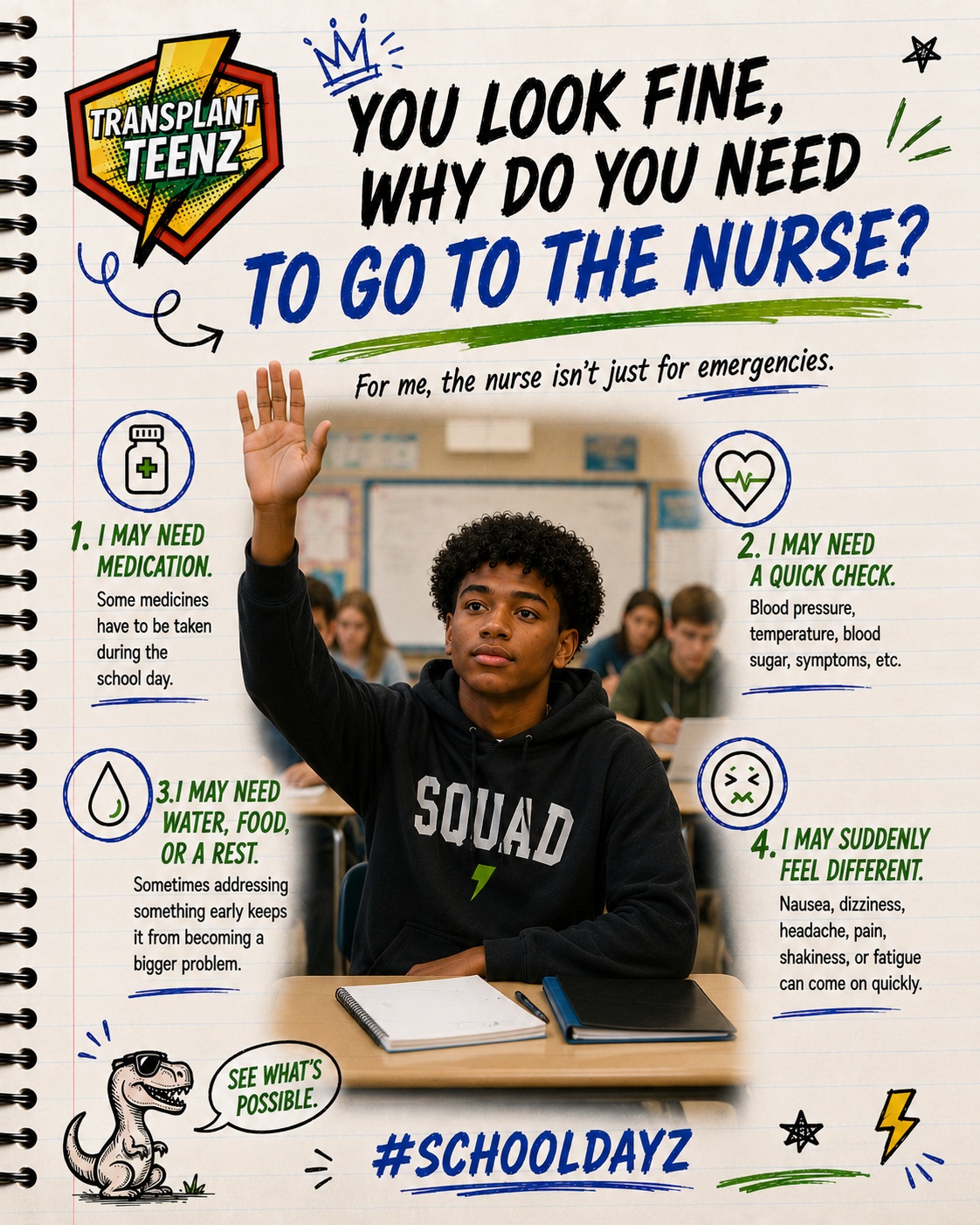 Now that we're in the full swing let's talk about some of the things our teenz may hear during their #schooldayz
"You look fine. Why do you need to go to the nurse?"
#transplantteenz #chronicillness #schoolnurse