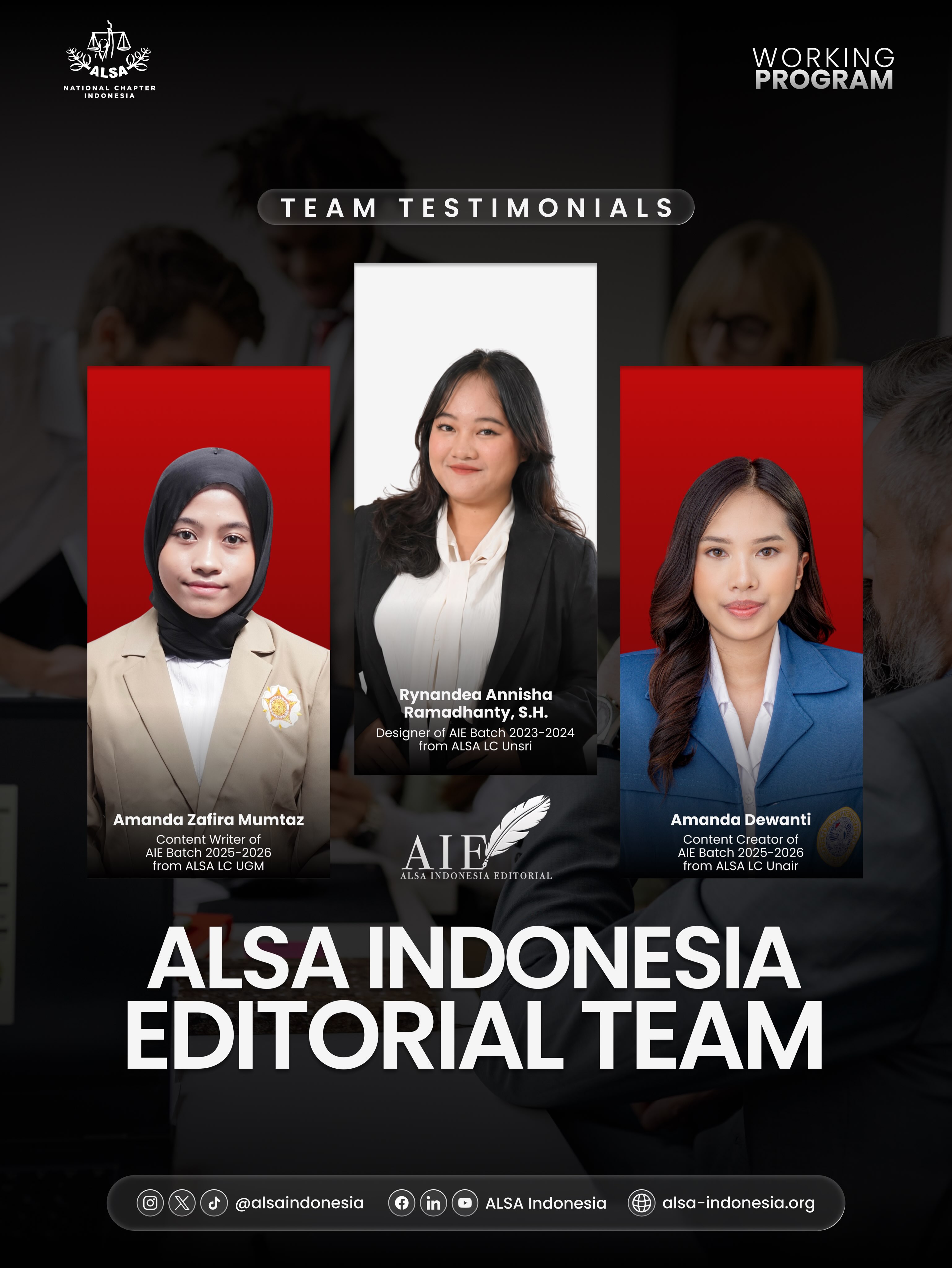 Warm Greetings, ALSAians!
From creating content to meeting amazing people across Local Chapters, being part of ALSA Indonesia Editorial is all about learning, creating, and growing together.
Curious about what the AIE experience is like? Hear directly from our team and discover your own creative journey with AIE! Stay tuned and be part of ALSA Indonesia Editorial 2026–2027!
ALSA, Always Be One!