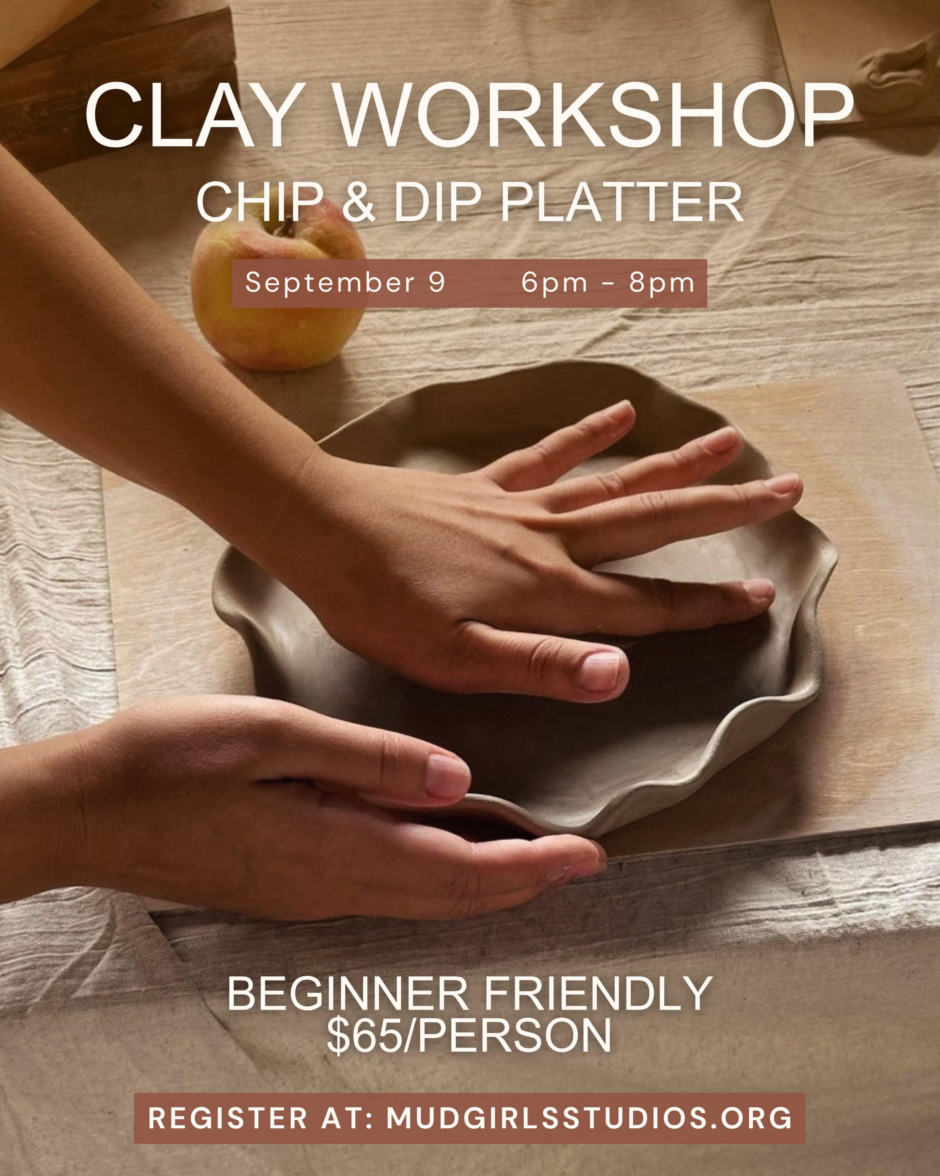 Get ready to get your hands dirty! During this workshop, youāll learn basic hand building techniques to create a functional chip and dip platter youāll love using at your next gathering. Get as creative as you like, personalizing your platter with texture and design to make it truly your own.
Every seat you fill helps fund MudGirls Studiosā mission of empowering women through the art of clay. So the wall pocket you take home is just one small piece of something much biggerš
š
Wednesday, September 9
š 6 PM ā 8 PM
š2709 Arctic Ave, Atlantic City
$65 a person
Spots are limited ā sign up at MudGirlsStudios.org under the Events tab
We canāt wait to see you! šæ
#pottery #potteryworkshop #wineandclay #sipandsculpt #atlanticcity