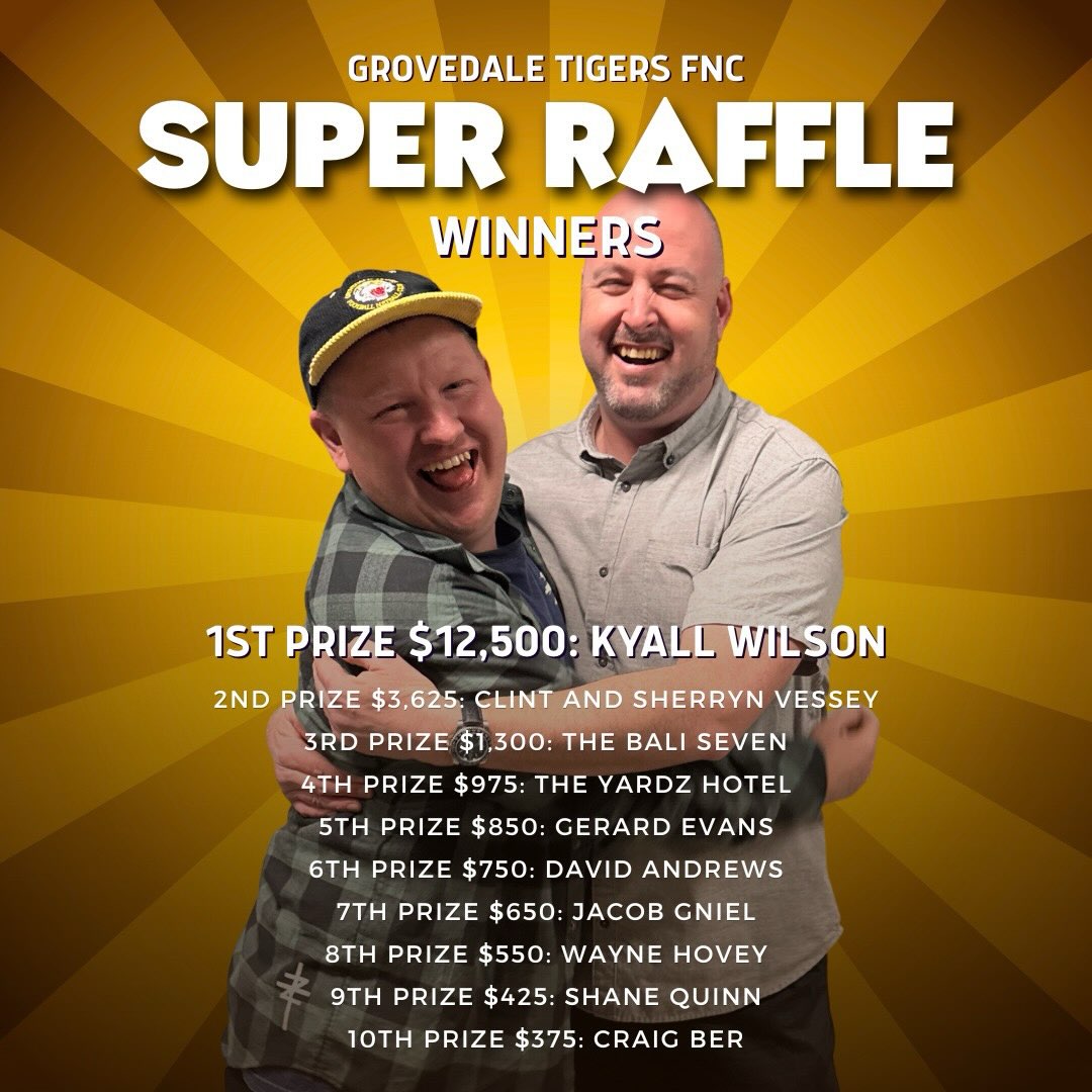 🐯SUPER RAFFLE RESULTS🐯
What a great night we had at our Super Raffle!
Congratulations to all our winners, and a huge thank you to everyone who supported the club by buying a ticket or volunteering their time to ensure we had a great night.
A special thanks to Town & Country Pizza & Pasta for keeping everyone fed🍕💛🖤
We couldn’t do nights like this without the support of our amazing Tigers community!