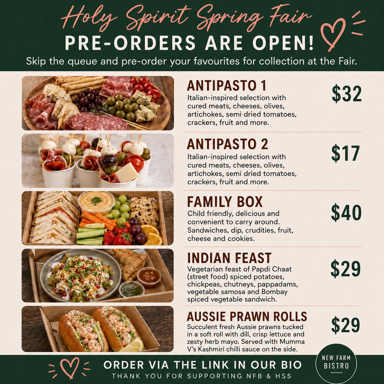 We’re so excited to be part of the Holy Spirit Spring Fair @hss_springfair_new_farm on Sunday 30 August 🩷
We’ve put together some of our favourite New Farm Bistro on-the-go food boxes, and pre-orders are now open!
If you’d like to order ahead and skip the queue, head to the link in our bio, visit our website and place your order via the Pre-Order button ✨
Can’t wait to see you all there 🥰
Images are for illustration purposes, presentation may vary.
#newfarmbistro #holyspiritspringfair #holyspiritnewfarm