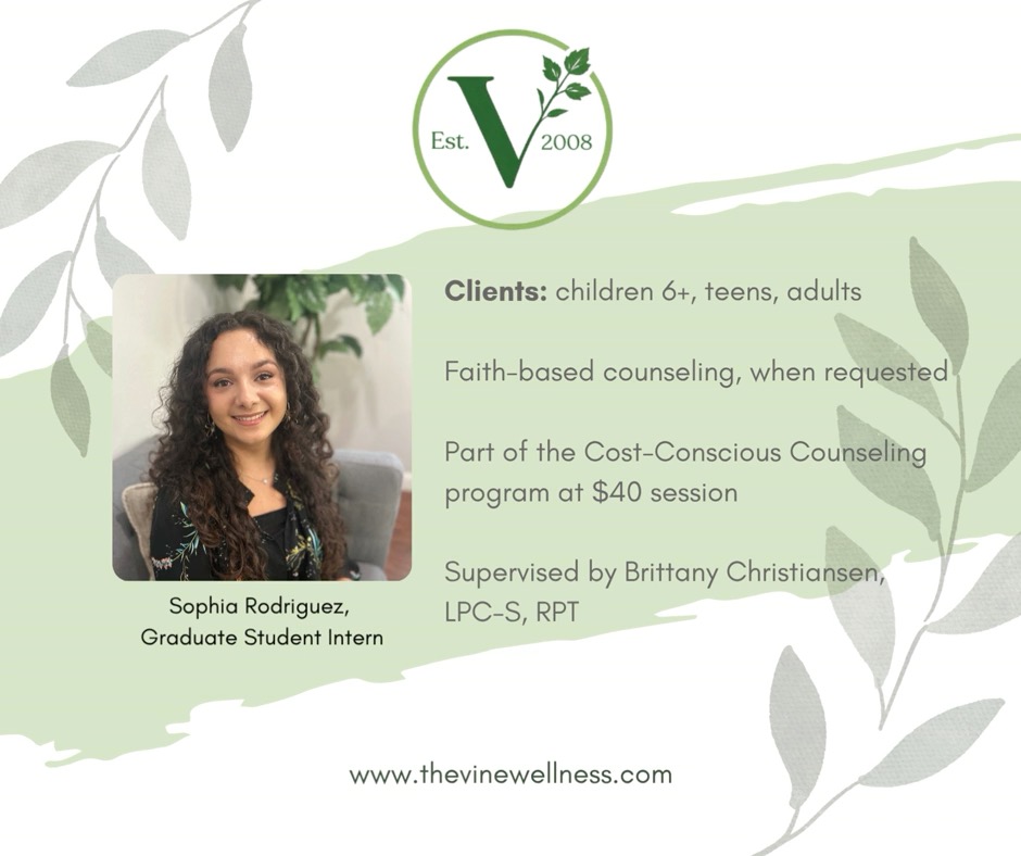 Welcome Sophia, graduate student intern! Sophia is in the Clinical mental health counseling master's program at Liberty University. We are so excited for her to join our team!
Click here to learn more about Sophia: https://www.thevinewellness.com/team/sophia-rodriguez
☎ 210.490.4419
💻 www.thevinewellness.com