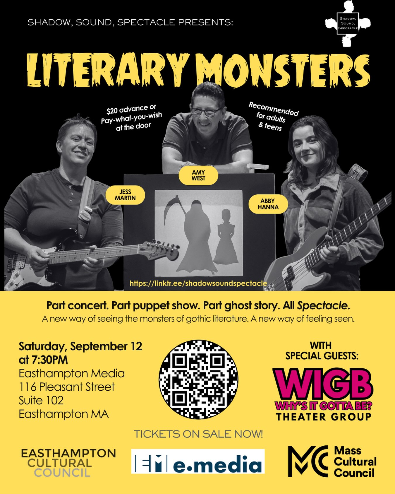 Oh my goth — we’ve got company. 👻🎭
On September 12, Literary Monsters is taking over Easthampton Media, and this time we’re sharing the stage with our friends at Why’s It Gotta Be? Theater Group!
WIGB will open the night with the WORLD PREMIERE of Dorian Gray Is a Sodomite — a fast, funny, queer reimagining of Oscar Wilde’s The Picture of Dorian Gray, with five performers racing to retell the story from five distinct perspectives.
Then we unleash the monsters. 🖤
Part rock concert. Part shadow puppet show. Part ghost story. Literary Monsters brings original live music, handmade puppetry, video, and gothic storytelling together for one wonderfully weird night.
Two original queer performance projects. One stage. A whole lot of gothic mischief.
👻 Saturday, September 12 @ 7:30 pm
🎭 Easthampton Media, Easthampton MA
🎟️ Tickets: link in bio
Come get weird with us.
This program is supported in part by a grant from the Easthampton Cultural Council, a local agency supported by the Massachusetts Cultural Council, a state agency.
@wigbtheater @easthamptonmedia @ajwpuppets @abee.jpeg.mp4
#literarymonsters #puppets #puppetry #easthamptonma #westernmass