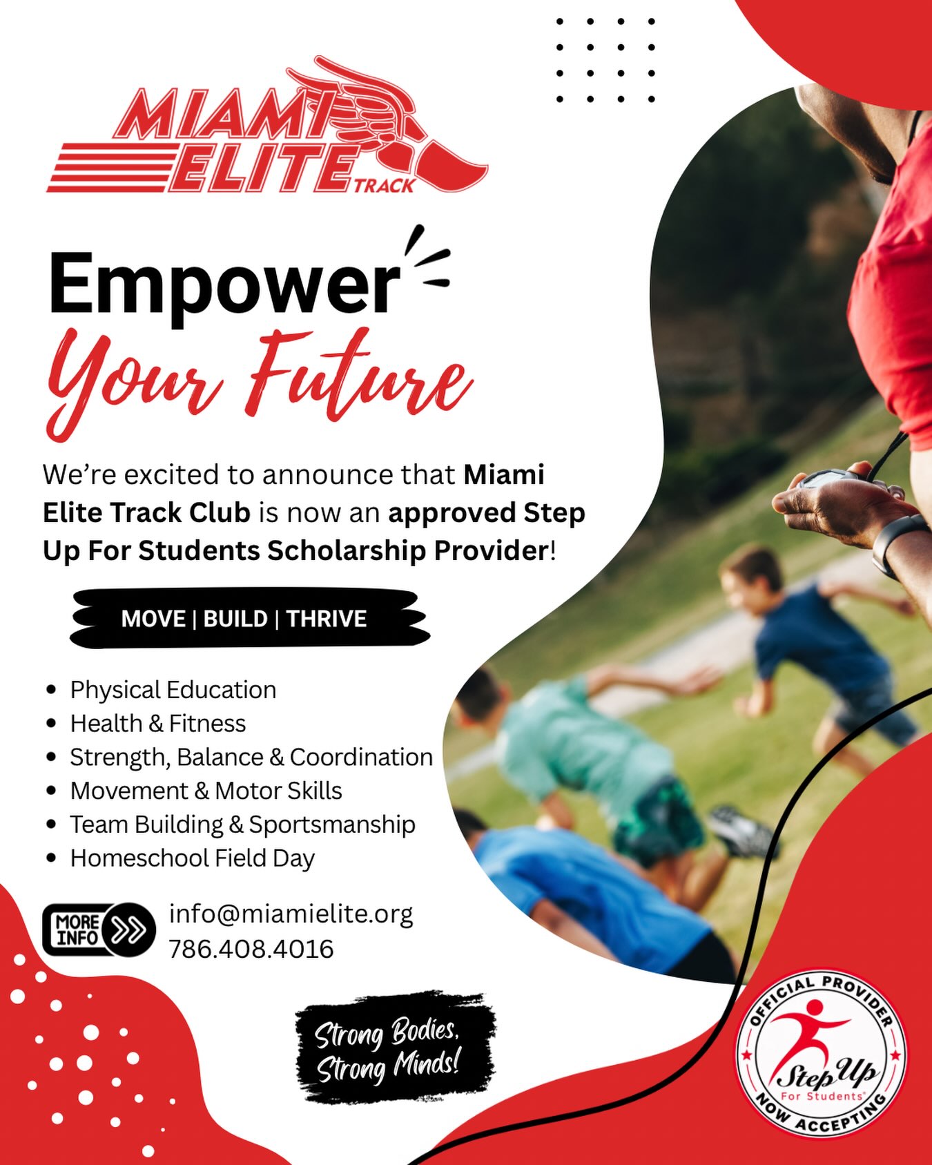 Miami Elite Track Club is officially a Step Up For Students Scholarship Provider! πββοΈπββοΈ
Families can now use their Step Up For Students scholarship funding toward Miami Elite Track Club training. πͺ
Our program works with athletes ages 6β18 of all fitness levels, focusing on proper form, technique, drills, speed, endurance, and overall athletic development.
π Tropical Park Track
ποΈ Monday, Tuesday & Thursday
β° 5:30β7:30 PM
Whether your athlete is looking to compete, improve their fitness, or build confidence through running, weβre here to help them reach their goals! π
π² Interested in joining us? Contact us today to learn more about using your Step Up For Students scholarship with Miami Elite Track Club!
#stepupforstudents #youthsports #running #tracknfield
