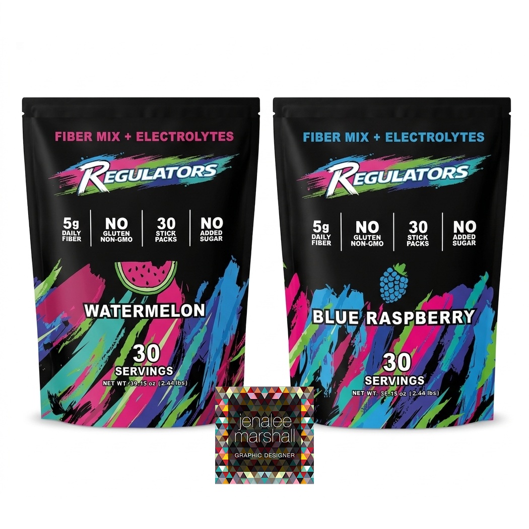 Design Goal: merge the energy and vibrancy of the 80's with modern edge of today's health-conscience crowd. Achieved! Regulators is launching with my help to bring fiber + electrolytes into one daily routine. Packaging design and branding execution by www.JenaleeDesign.com. Plus custom pattern for all of their future needs. It's fun. It's fast. It's here. Learn more at www.BeRegular.com and support local small businesses like ours. Salt Lake City, Utah.