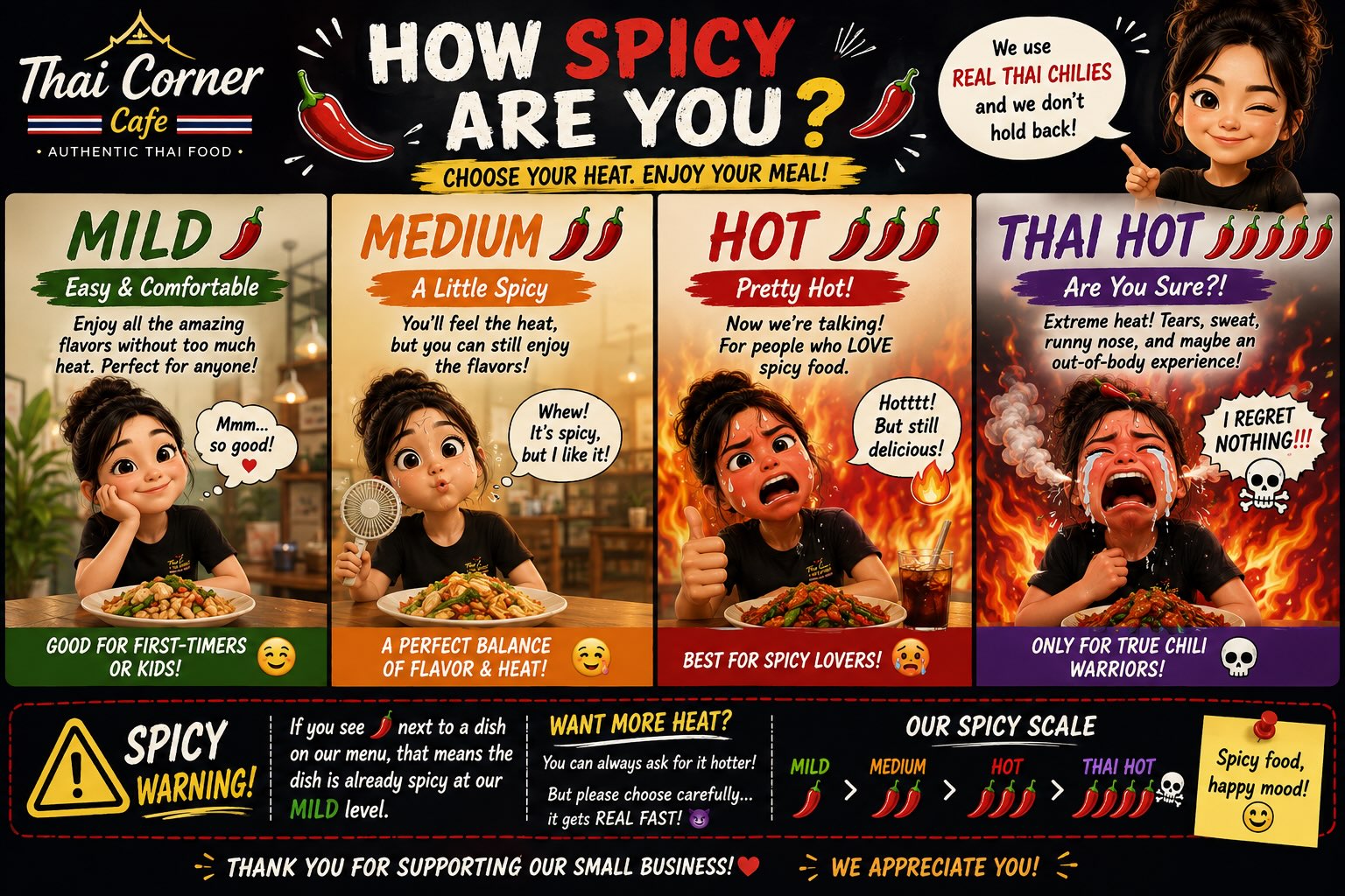 We have upgraded our spice level from Mild to THAI HOT We use super HOT THAI PEPPERS, most of are dishes are already mild 🌶️ be careful of what you choose. Stop by and come eat with us hope to see you all there