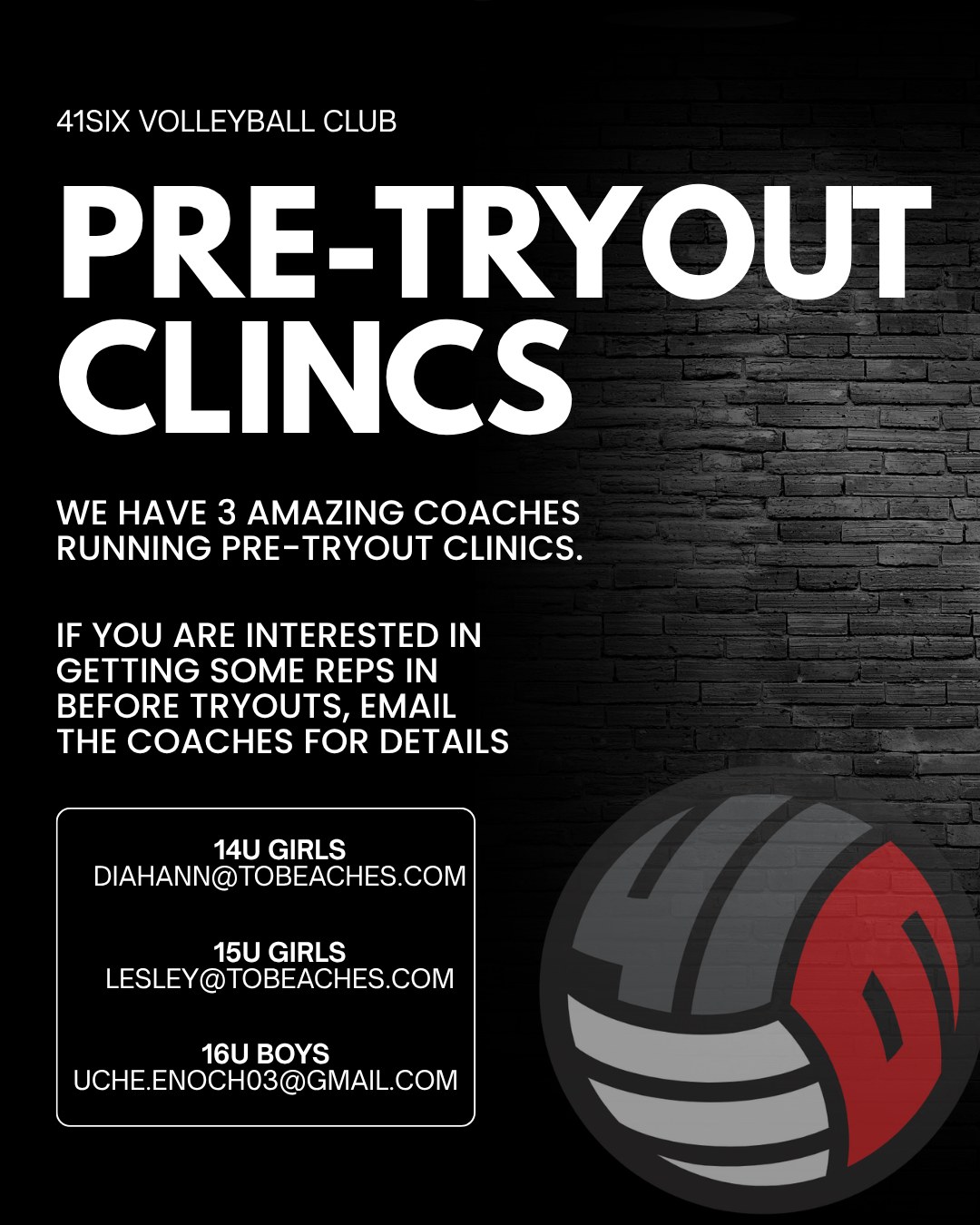 Ready to shake off the rust before tryouts? 🏐🔥
We’re hosting exclusive pre-tryout sessions to help you get in those extra touches, work directly with our coaching staff, and get all your questions answered about the upcoming season.
Eligible Age Groups:
14U Girls
15U Girls
16U Boys
How to Register:
Dates, times, and gym locations are available via email. Drop a message directly to your coach to grab the schedule and lock in your spot!
See you on the court! 👊
#VolleyballTryouts #ClubVolleyball #PreTryoutSession #VolleyballLife #YouthVolleyball #CourtReady