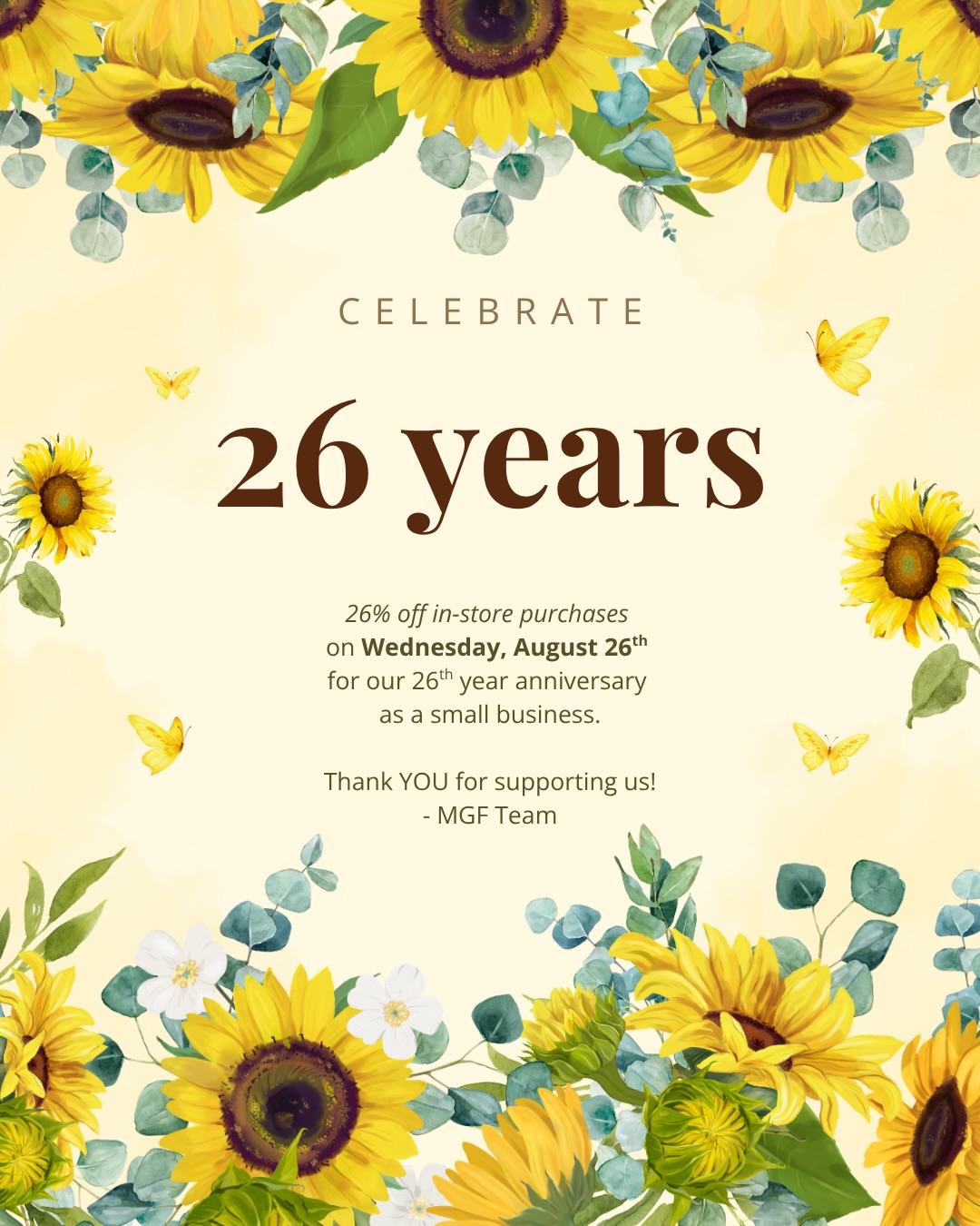 Exciting things are happening at My Garden Floral!!! We are celebrating our 26 year anniversary as a small business, hiring a Flower Shop Associate & Floral Assistant, and now booking your fall porch installs.
Here’s more details! ↓
🌻 26% off in-store purchases on Wednesday, August 26th! Mark your calendars & celebrate with us!!
🌱 We’re hiring a part-time employee to join our team and grow with us!! Interested? Apply by email at mygardeninc05@aol.com
🍁 Call us at 412-767-9915 to book your fall themed porch installs! It’s pumpkin season!
#mygardenfloral #pittsburgh #smallbusiness #hiring #fall2026