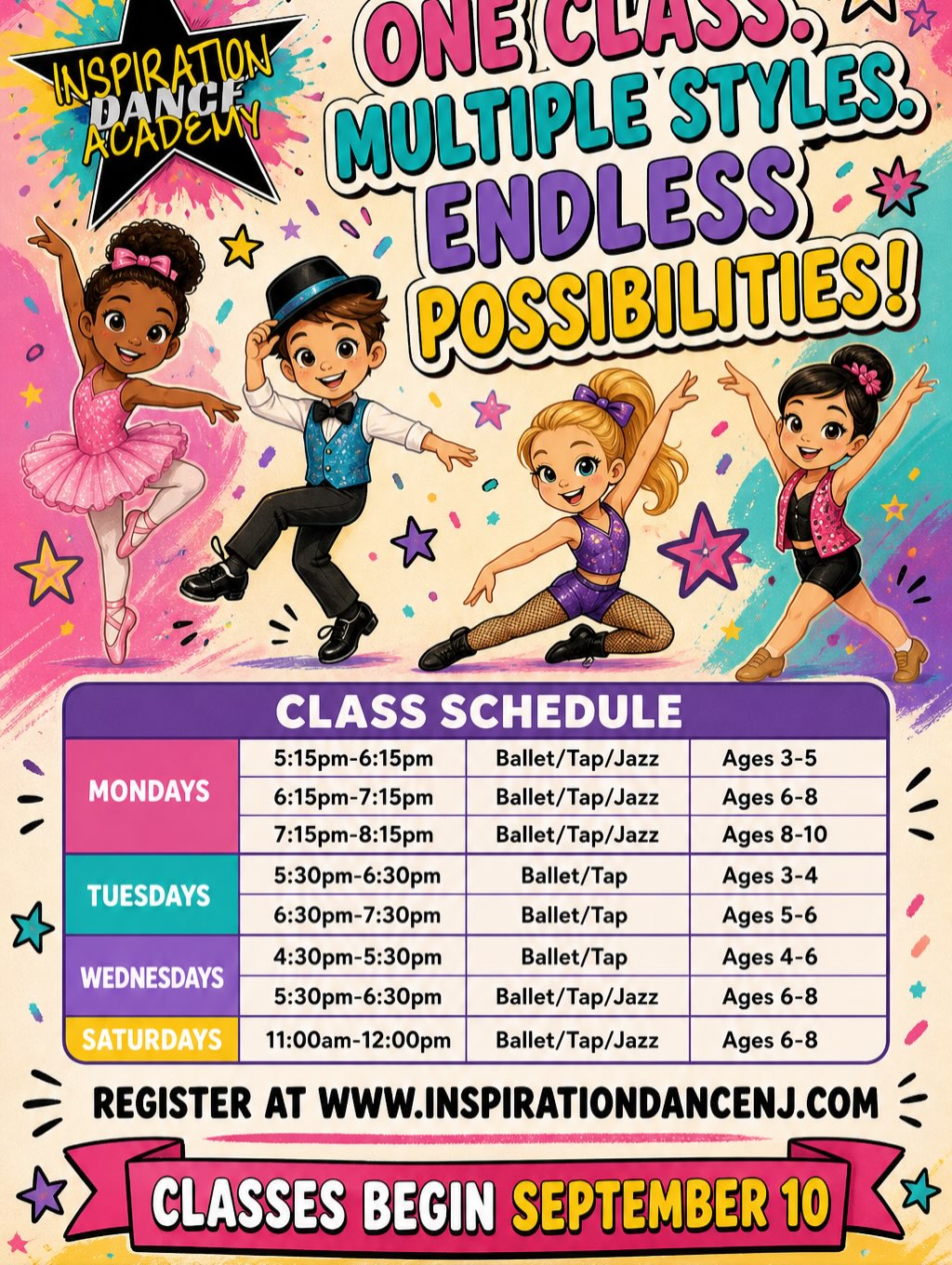 ✨ CAN’T DECIDE WHAT TYPE OF DANCE CLASS TO TAKE? ✨
Why choose just one?! 💃🩰
Our Combo Classes let dancers experience a mix of styles all in one class—giving them the chance to get a taste of 2–3 different genres while having the best of all worlds! 🌟
From ballet to tap, jazz and more, exploring different styles keeps dance exciting, fun, and full of variety! 🎶💫
Come try something new, find your favorites, and discover just how much you love to dance! ❤️
Register today and let the fun begin! ✨
#InspirationDanceAcademy #IDA #ComboClasses #DanceClasses #DanceForKids NJDance DanceFun FutureDancer