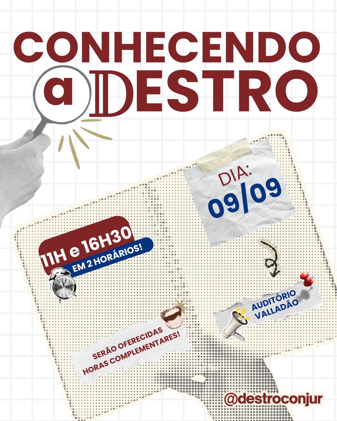 CONHECENDO A DESTRO
Quer conhecer melhor a Destro, nossa Empresa Júnior de Direito da UFRJ? Então esse convite é para você!
Na quarta-feira (09/09), teremos duas oportunidades para você conhecer de perto a nossa empresa, entender como funcionam nossas atividades, projetos e organização e descobrir como é fazer parte da Destro!
📍 Auditório Valladão – FND/UFRJ
🕚 11h e 16h30
Será um prazer receber calouros e veteranos da FND para esse momento de troca e integração! ❤️
E, para quem se interessar, será também uma oportunidade de conhecer o processo para integrar a Destro e fazer parte dessa experiência.
🚨Serão concedidas horas complementares!
Não fique de fora! Venha Conhecer a Destro e descobrir tudo o que podemos construir juntos. 🚀
