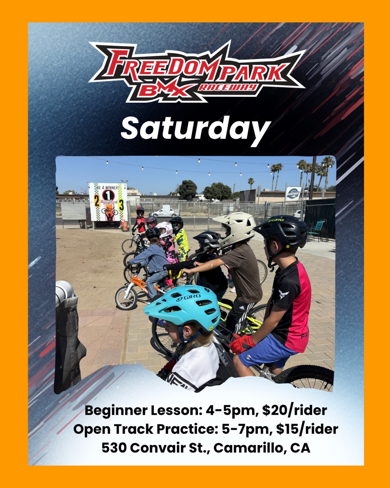 Saturday at Freedom Park BMX!
Beginner lesson: 4-5pm, $20/rider. Includes open track after the lesson.
Open track practice: 5-7pm, $15/rider.
Riders need their own bike in good working condition, closed toed shoes, and a helmet. No training wheels, pegs, or e-bikes.
See you at the track!
#freedomparkbmx #camarillo #venturacounty #kidsactıvıtıes #bmx