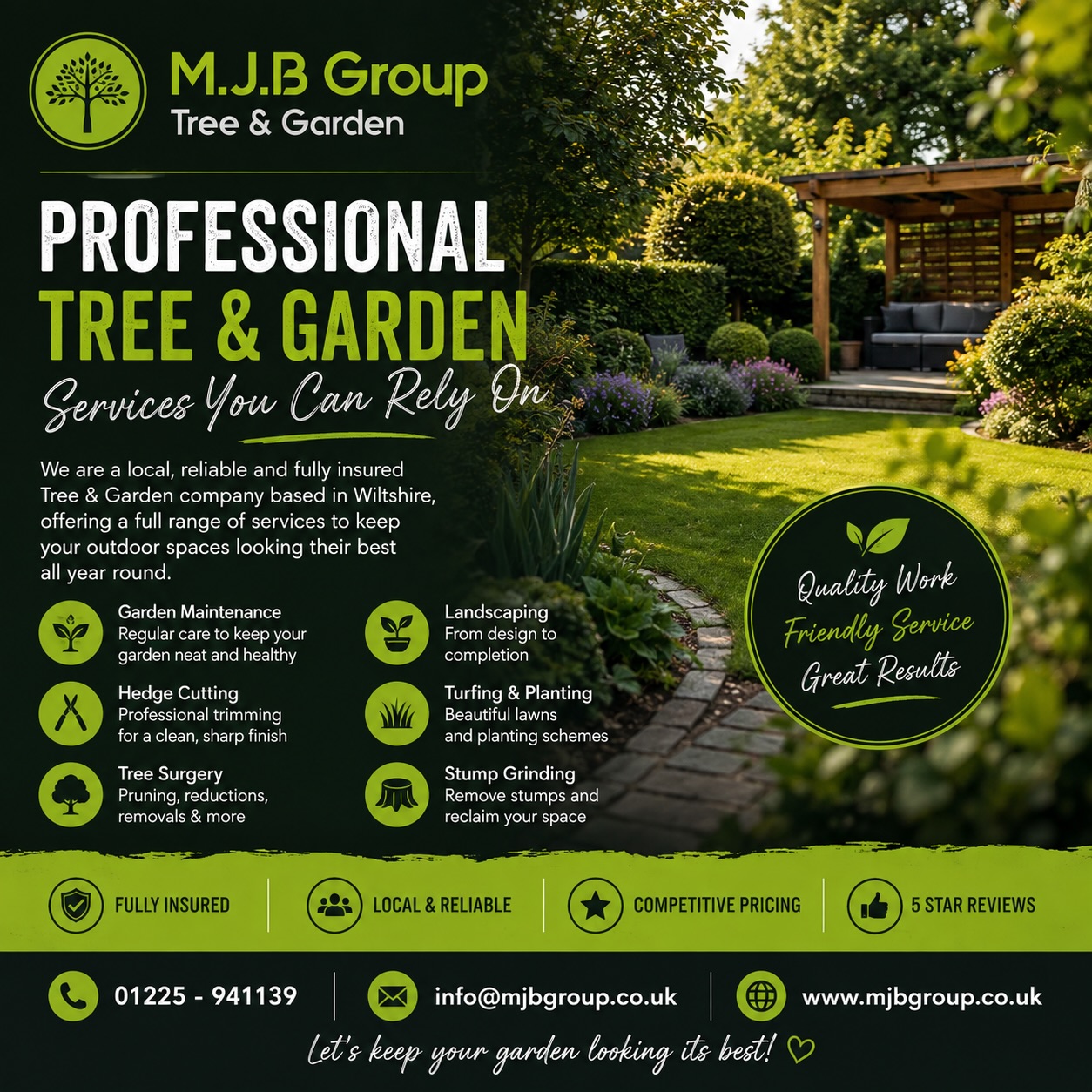 🌿 Looking after your garden, from the ground up! 🌳
At M.J.B Group Ltd – Tree & Garden, we provide a complete range of professional garden and tree services across Wiltshire, Bath and the surrounding areas.
Whether your garden needs regular maintenance or a complete transformation, our experienced team can help keep your outdoor space looking its best. 👌
🌱 Garden Maintenance – regular visits, weeding, pruning, lawn care & more
✂️ Hedge Cutting – from small garden hedges to large boundary hedges
🌳 Tree Surgery – pruning, reductions, removals & tree care
🪵 Stump Grinding – removing unwanted stumps and reclaiming your space
🏡 Landscaping – creating practical and beautiful outdoor spaces
🌾 Turfing & Planting – fresh lawns and planting schemes to bring gardens to life
We’re local, reliable and fully insured, and we’re proud of the reputation we’ve built for quality workmanship and friendly service. ⭐⭐⭐⭐⭐
Got a garden that needs some attention?
📞 01225 - 941139
📧 info@mjbgroup.co.uk
💻 www.mjbgroup.co.uk
📍 Wiltshire • Bath • Devizes & surrounding areas
Get in touch today for a chat about your next garden project! 🌿
#MJBGROUP #TreeAndGarden #GardenMaintenance #GardeningServices #GardenDesign Landscaping TreeSurgery StumpGrinding HedgeCutting LawnCare Turfing GardenTransformation Wiltshire Devizes Bath WiltshireGardener BathGardener LocalBusiness FiveStarService GardenGoals 🌳🌱✨