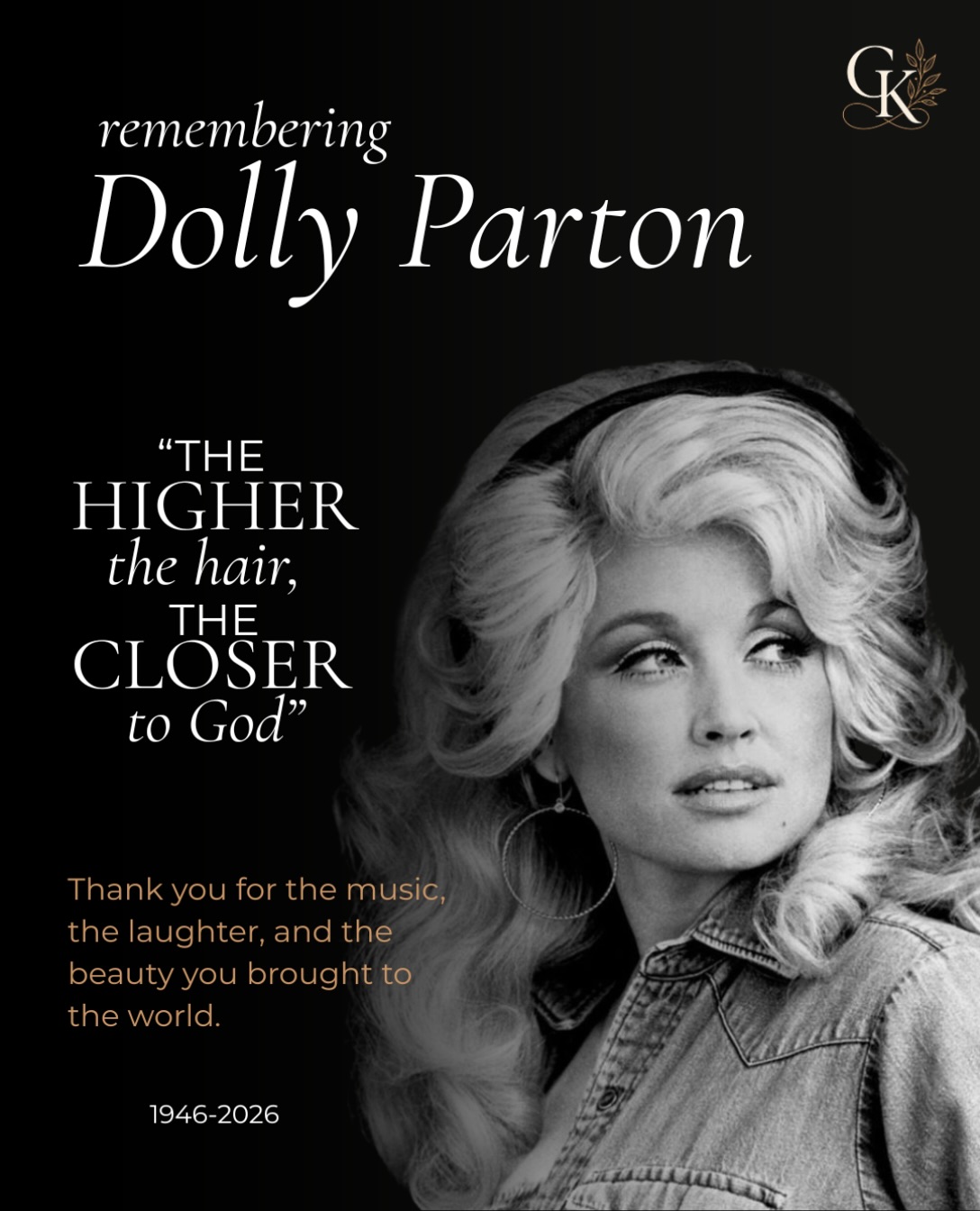 An icon, an inspiration, and a legacy that will live on forever. 🤍
Thank you, Dolly, for the music, the laughter, the beauty, and of course—the big hair.
“The higher the hair, the closer to God.”
1946–2026