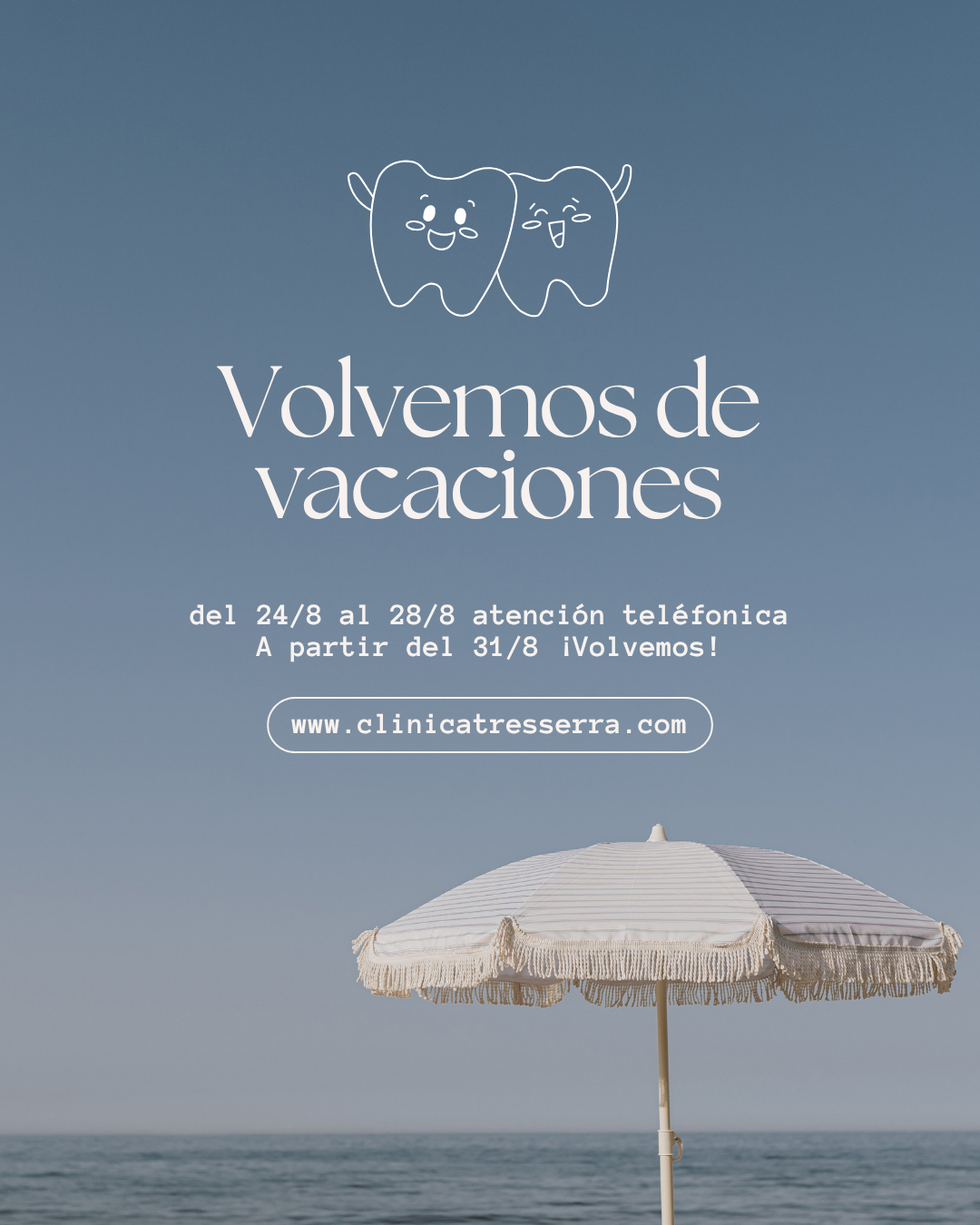 🏖️ Las vacaciones llegan a su fin… y Clínica Tresserra vuelve a ponerse en marcha 💙
📞 24 de agosto: retomamos la atención telefónica para que puedas reservar tus citas.
🦷 31 de agosto: ¡abrimos la clínica con normalidad!
¿Tienes una revisión pendiente?
¿Llevas meses diciendo “después del verano”? 👀
Pues… el después del verano ha llegado.
📌 Guarda este carrusel para recordar las fechas y envíaselo a esa persona que también tiene una cita pendiente.
Nos vemos muy pronto ✨
#ClínicaTresserra #DentistaBarcelona #Barcelona #SaludDental #OdontologíaBarcelona