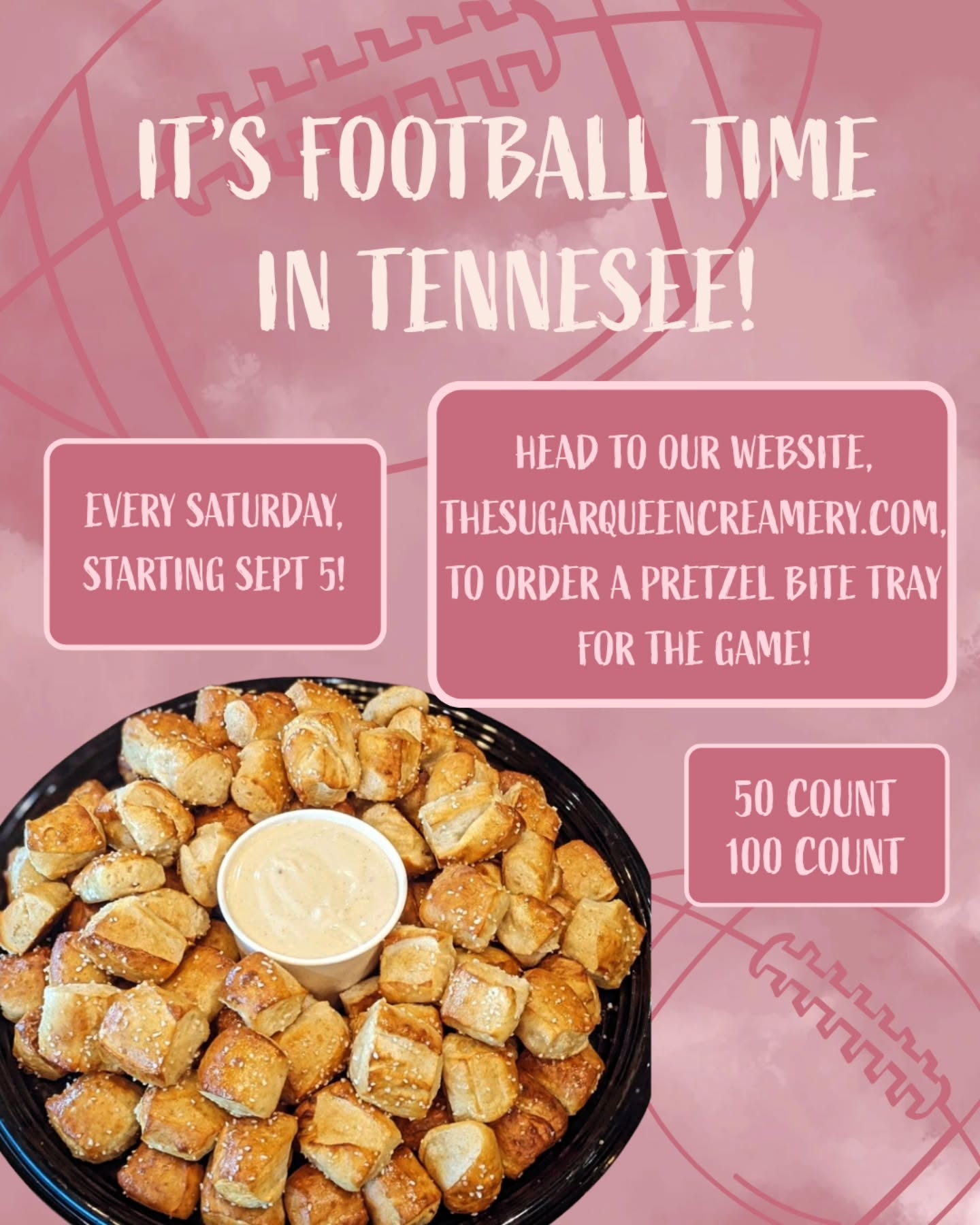 Pretzel Bite Trays are BACK! We will be offering pretzel bite trays every Saturday this fall during football season so y'all can have a little Sugar Queen with every game. Trays are available in 50 and 100 bites and include your choice of dipping sauce. They are available in Original and Cinnamon Sugar, with our homemade Beer Cheese, Sweet Mustard, and Browned Butter Icing for your dipping options.
Original:
50 count tray- 24.89
100 count tray- 39.89
Cinnamon Sugar:
50 count tray- 26.89
100 count tray- 43.89
Extra 12 oz dip- 4.99
Pick-ups will be available for Saturday ONLY at our South Knox location starting in September. Orders must be placed by 9p the evening prior to pick-up. You can place orders on our website, thesugarqueencreamery.com, under Order Now!
106 E Young High Pike, Knoxville
#Knoxville #knoxfood #knoxvilletn #knoxlocal #knoxeats
