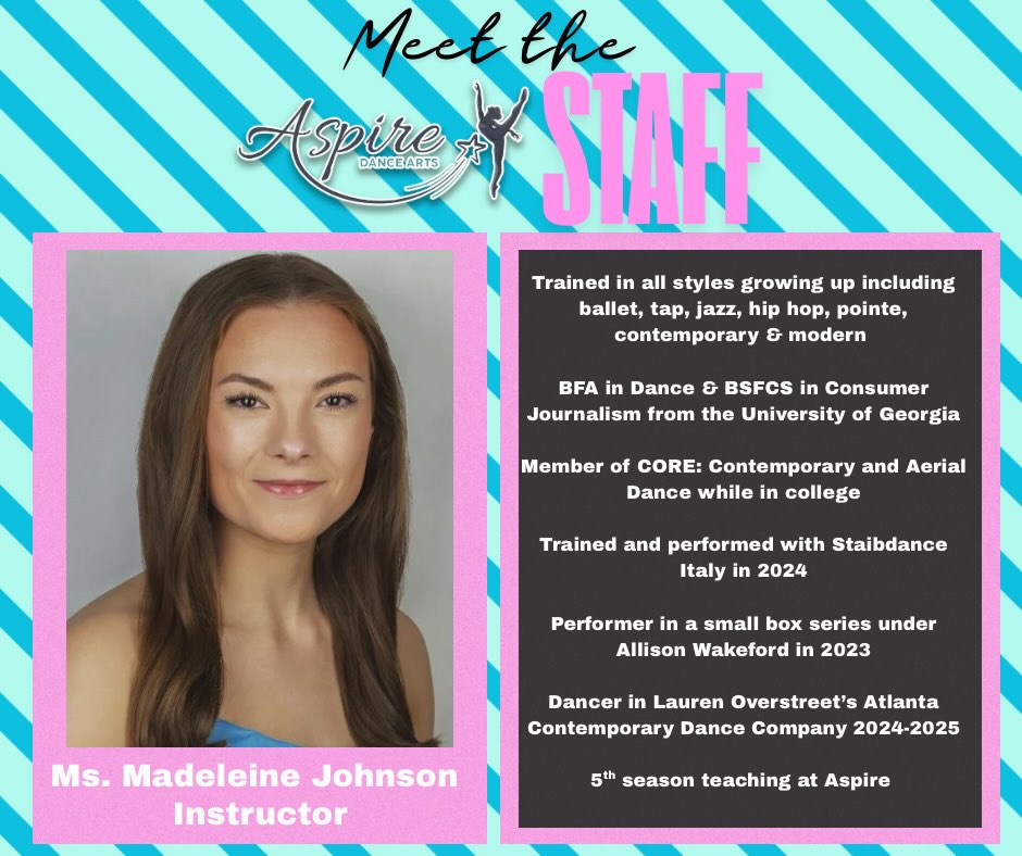 ✨Meet the Staff of Aspire Dance Arts! First up is Ms Madeleine 🤩
Ms Madeleine teaches contemporary classes, and musical theatre jazz at Aspire. She will also be doing some of the choreography for the Addams Family musical! Check out her full bio online on our website!
.
.
#aspiretomore #contemporarydance #danceinstructor #professionaldancer #cantonga