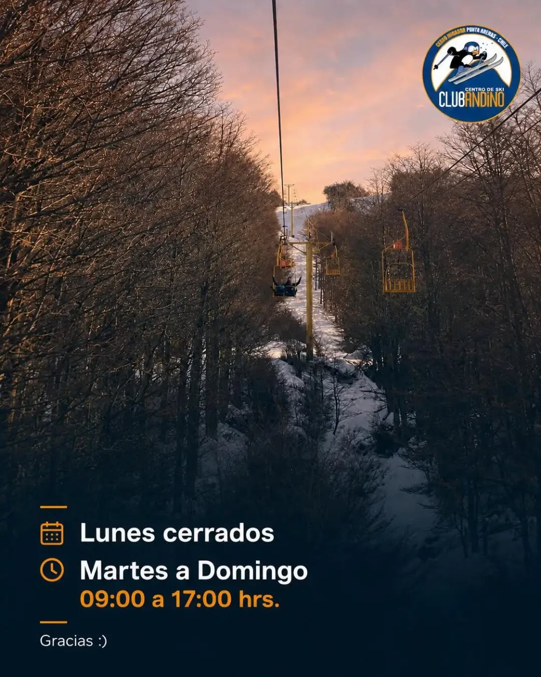 Queridos amigos del cerro 💙 a partir de este Lunes 31 de agosto volvemos a nuestros horarios habituales:
🔸Lunes cerrados
🔸Martes a Domingo 09:00 - 17:00 hrs
✳️ Les recordamos nuestras actividades para disfrutar del cerro:
🥾#Trekking dificultad baja-media con acceso liberado
🚠#Telesilla para paseo y apreciar la vista desde la altura
🏂Clases de #esqui y #snowboard sujetas a condiciones de nieve
❄️Pistas operativas sujetas a condiciones de nieve
☕Cafetería desde las 09:00 hrs
Los esperamos en #CerroMirador, tu refugio a unos minutos de la ciudad 🌅