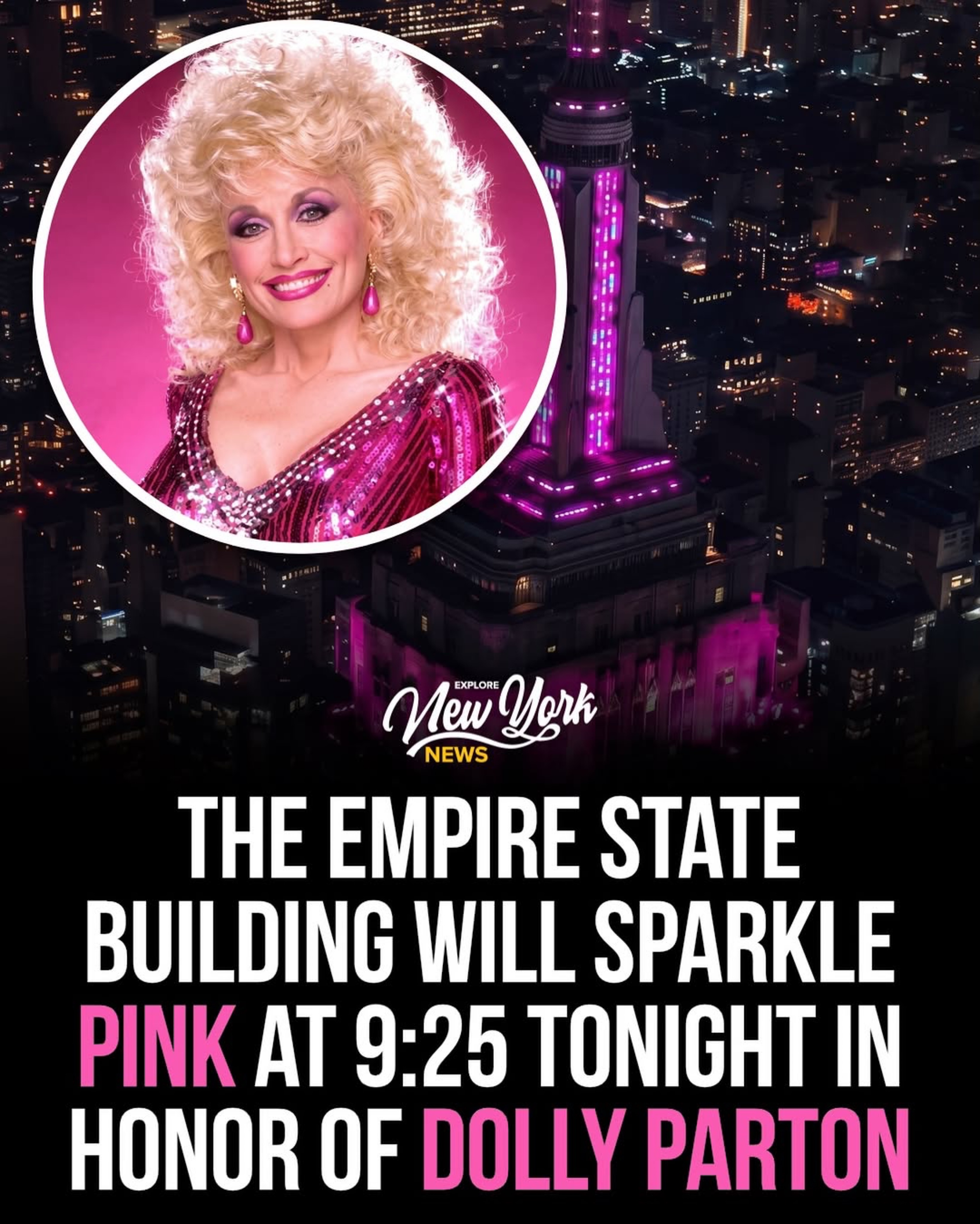 #Repost @newyorkcity.explore
・・・
A LEGEND IS BEING REMEMBERED IN LIGHTS. 💗🗽
Dolly Parton has passed away at the age of 80, leaving behind a seven-decade legacy that reached far beyond music. From “Jolene” and “I Will Always Love You” to her work as an actress, entrepreneur and philanthropist, Dolly touched generations around the world.
Tonight, the Empire State Building will sparkle pink from 9:25 p.m. to 10:25 p.m. in her honor. 💕🗽
And yes, the timing is intentional: 9:25, a nod to “9 to 5,” one of Dolly’s most iconic songs.
Her legacy also lives on through the Dollywood Foundation and Imagination Library, which has distributed more than 300 million books to children worldwide.
Tonight, New York is shining for Dolly. ✨
Rest in peace, Dolly Parton. 🤍🕊️