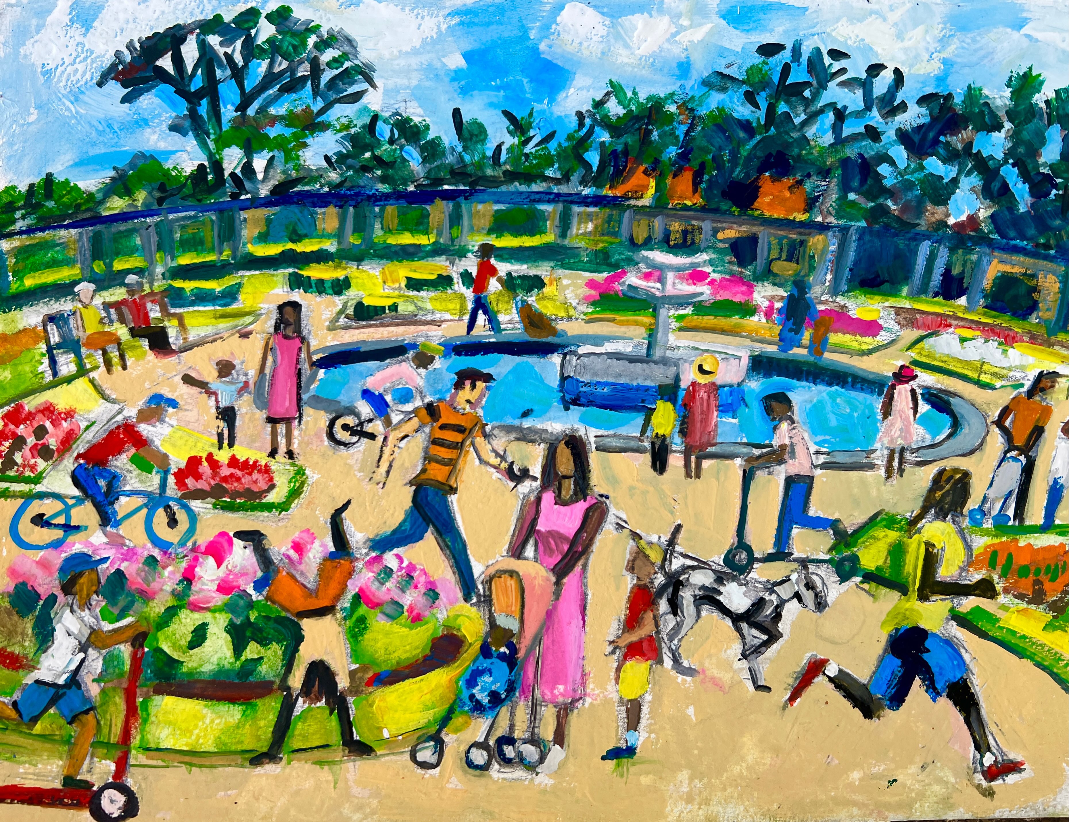 Come to the park. #gouache on paper. I made this sketch at #stanleypark on a recent trip to #blackpool . It’s a wonderful park with fabulous ornamental gardens that were created 100 years ago. The park has a beautiful boating lake and a cafe designed in art nouveau style. Blackpool itself is a fascinating place with some beautiful architecture a reminder that in its heyday Blackpool was a place of fun and glamour that attracted people from all over. #park #havingfun
