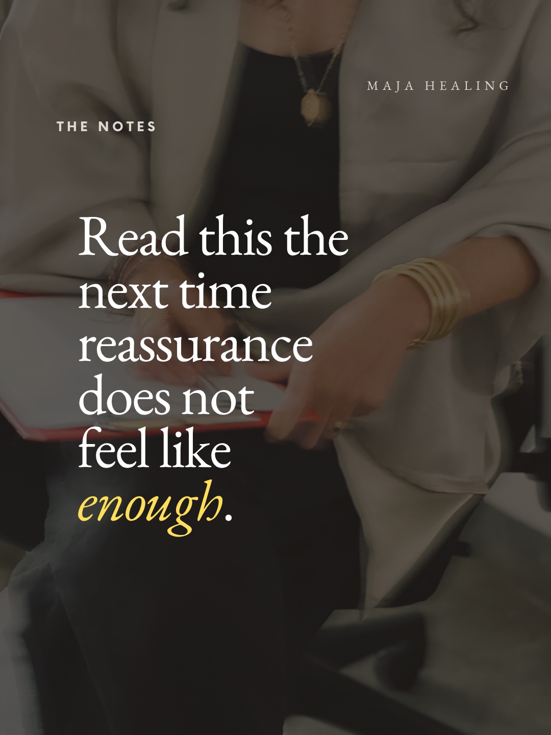 This month, we explored why reassurance can feel real and still not feel like enough.
Overthinking, checking, and asking again are often treated as habits we simply need to stop. But Marie’s invitation was to look beyond the behaviour and become curious about the alarm underneath it.
So we are closing this topic with a question to return to when the uncertainty comes back:
Do I need new information?
Or am I asking this answer to settle something it cannot reach?
From Marie’s Maja MasterClass:
Why You Can’t Just Let It Be: Overthinking, Checking, and the Pull for Reassurance