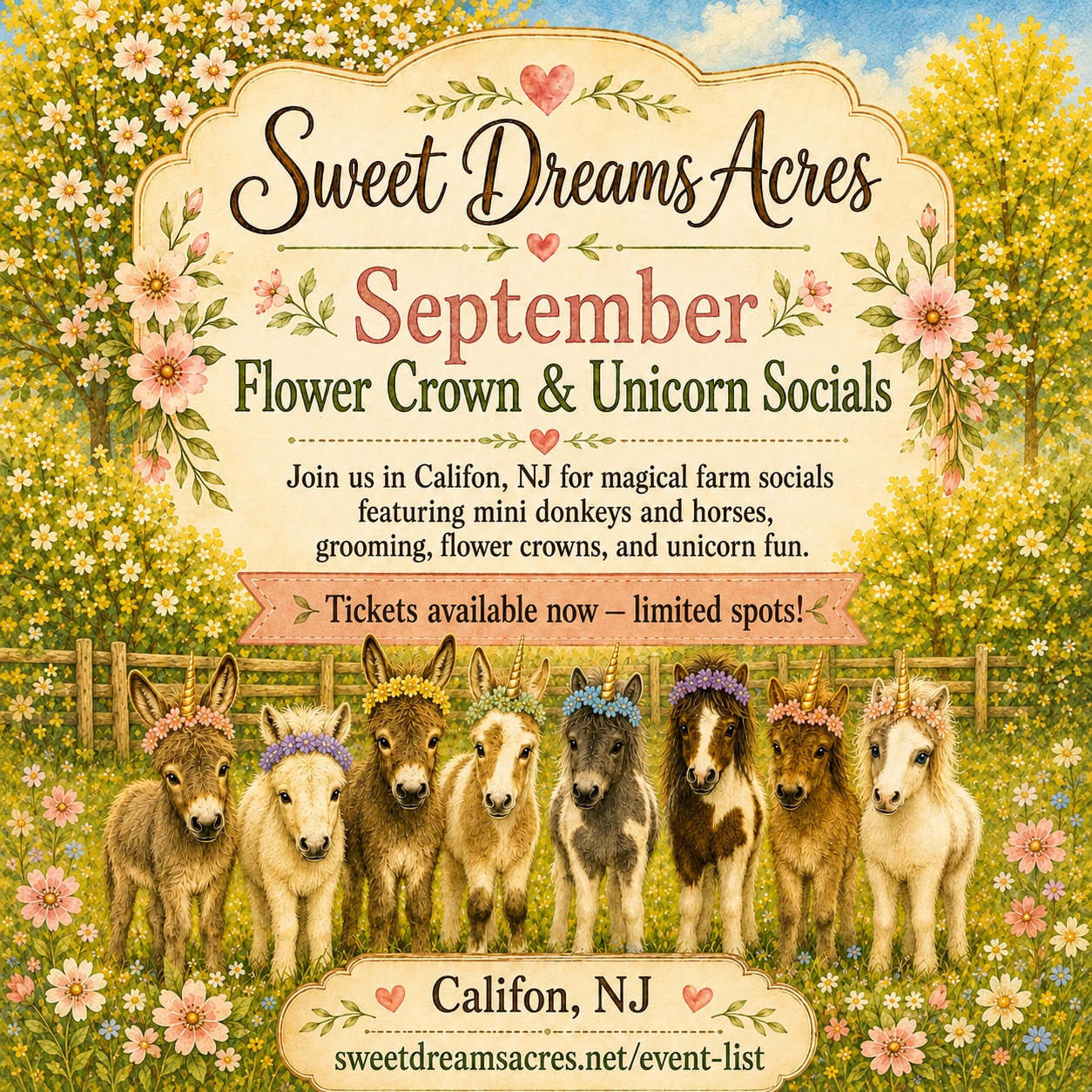 September is starting to take shape at Sweet Dreams Acres! 🍂🦄🌸
We’ve added new September dates for both our Unicorn Socials and Flower Crown Socials, with spots currently available for each.
Come spend some time with our miniature donkeys and horses, enjoy hands-on grooming and animal time, and then add a little extra magic with unicorn fun or fresh flower crowns made right here on the farm. ✨
If you’ve been thinking about visiting, now is a great time to take a look at the calendar — our socials are intentionally kept small, so space is limited.
📍 Califon, NJ
🎟️ sweetdreamsacres.net/event-list
Come explore a little more of Explore Hunterdon, New Jersey with us this September! 💕
#SweetDreamsAcres #ExploreHunterdonNJ #NJThingsToDo #HunterdonCountyNJ #NJFamilyFun